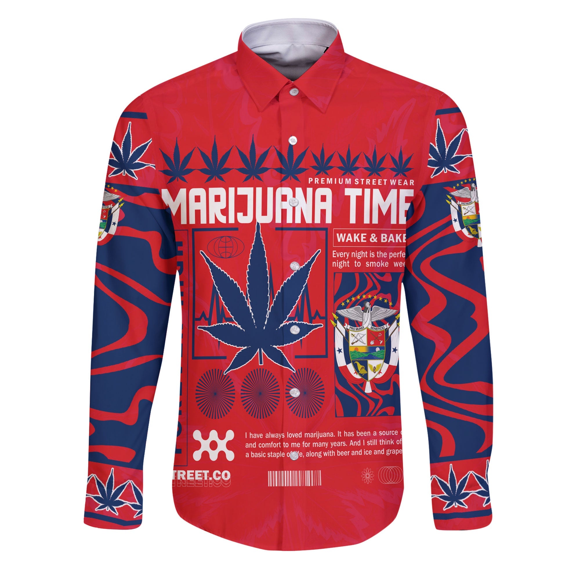 Panama Long Sleeve Button Shirt Flag & Coat Of Arms Marijuanas Style