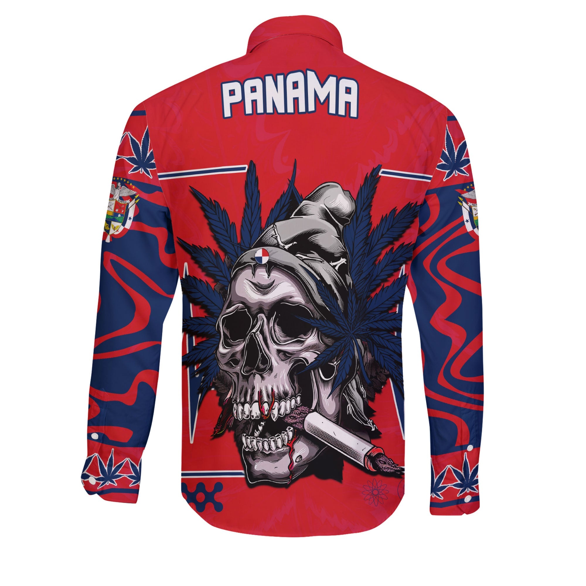 Panama Long Sleeve Button Shirt Flag & Coat Of Arms Marijuanas Style