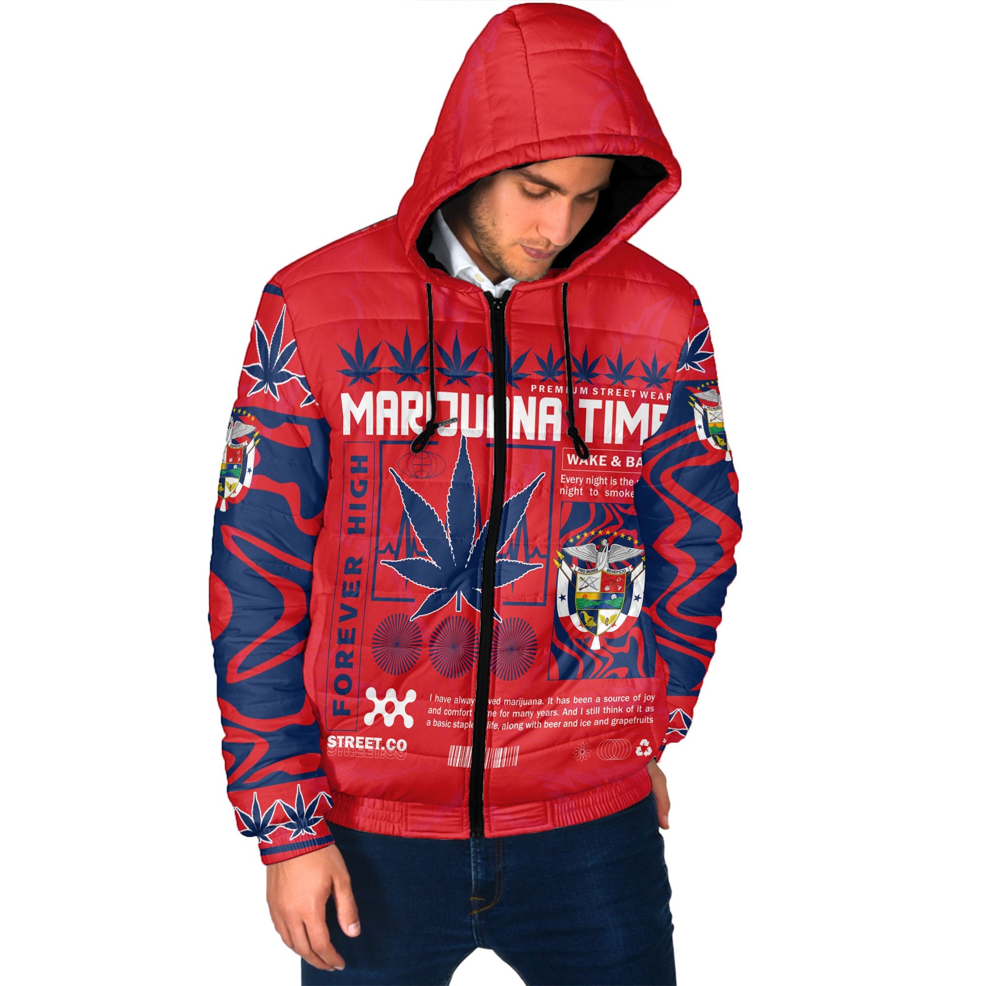 Panama Men Hooded Padded Jacket Flag & Coat Of Arms Marijuanas Style