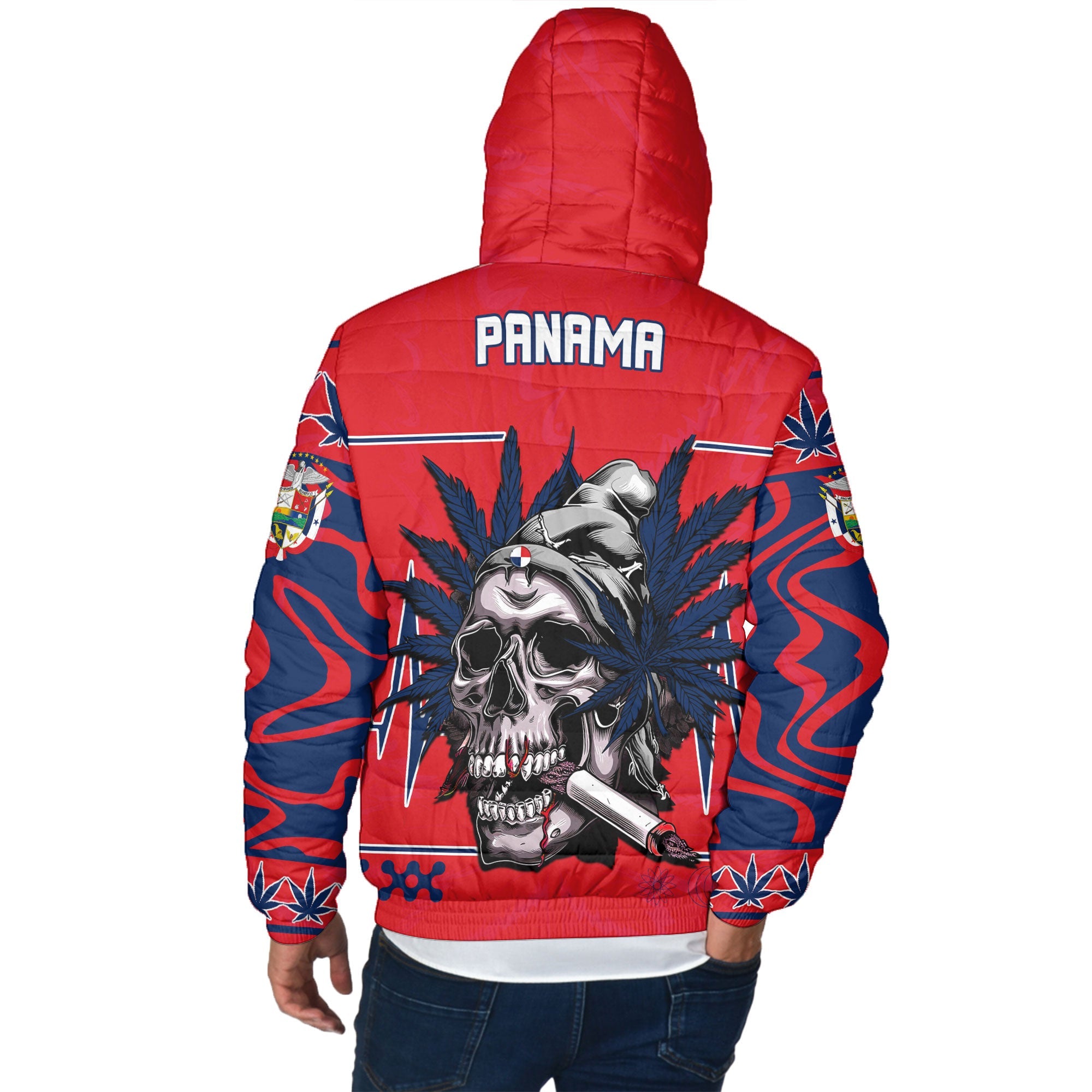 Panama Men Hooded Padded Jacket Flag & Coat Of Arms Marijuanas Style