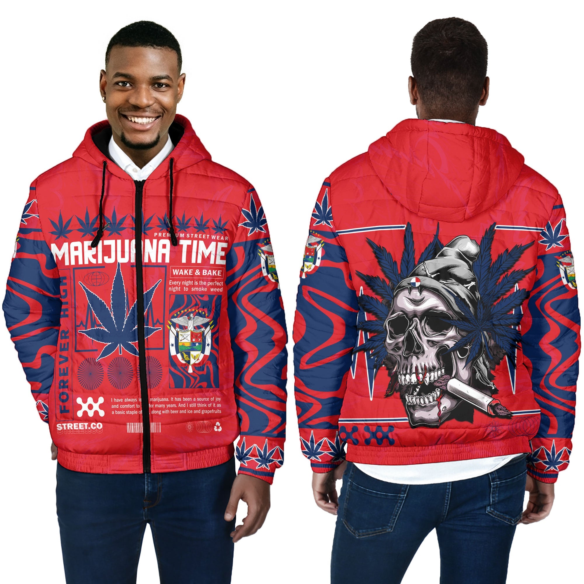 Panama Men Hooded Padded Jacket Flag & Coat Of Arms Marijuanas Style