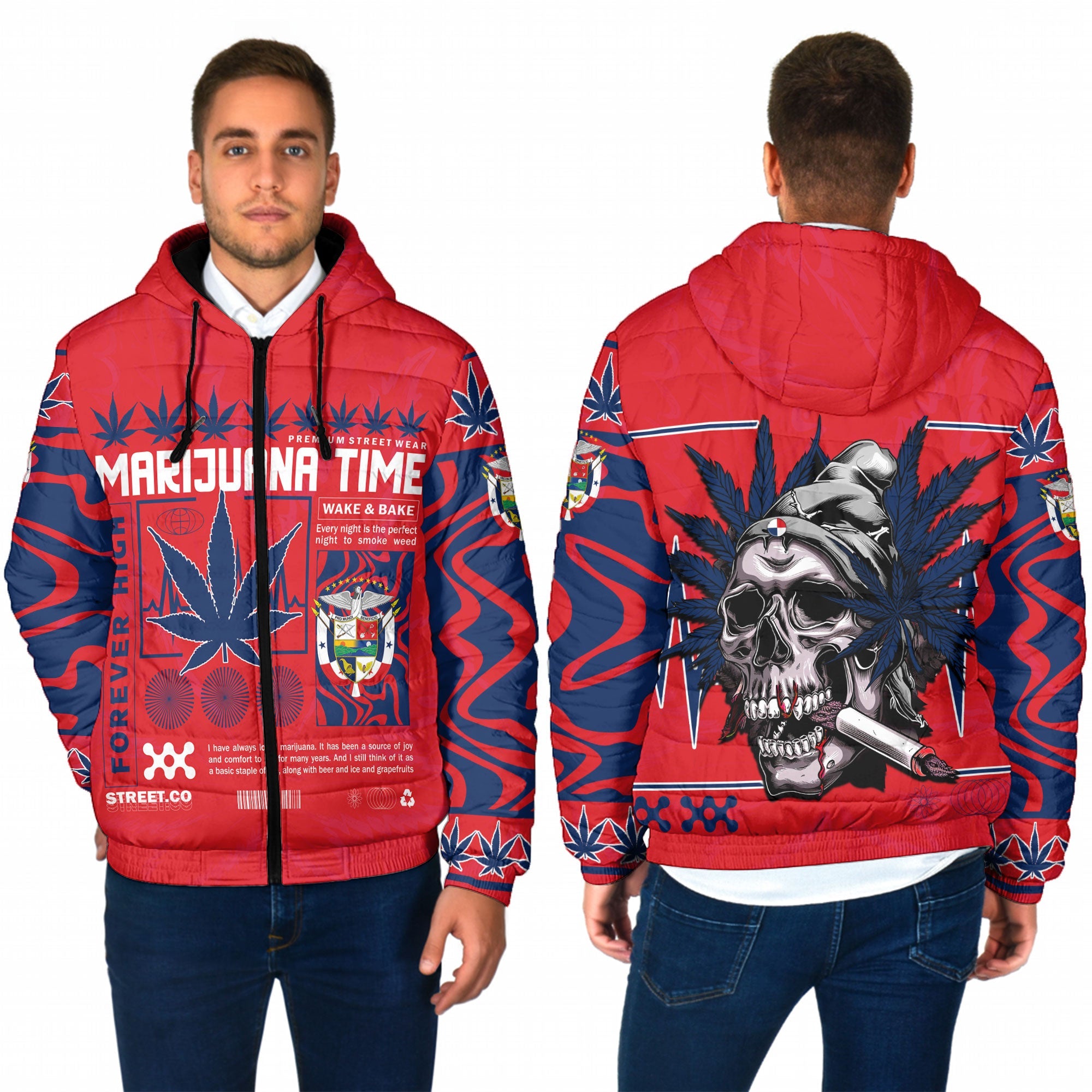 Panama Men Hooded Padded Jacket Flag & Coat Of Arms Marijuanas Style