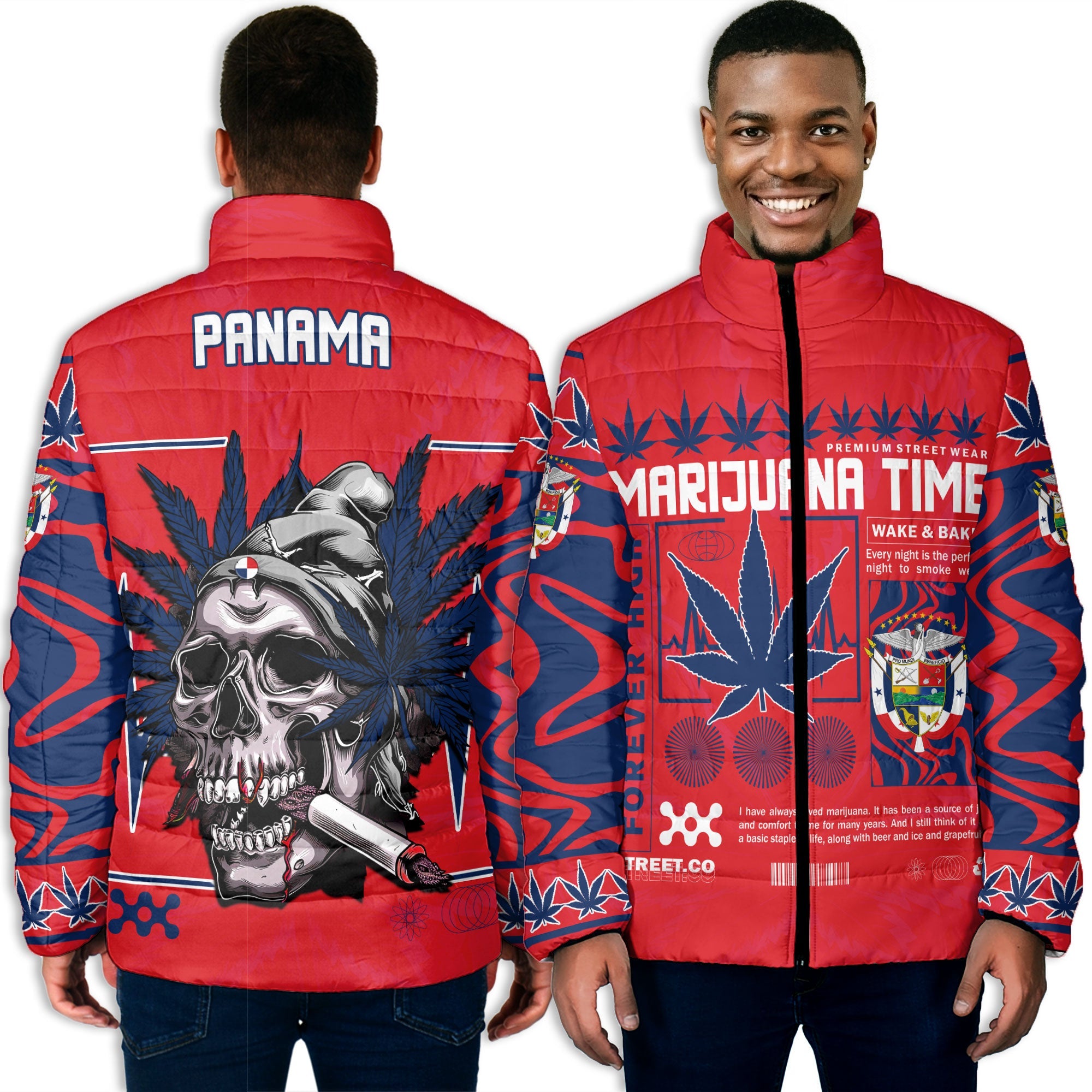 Panama Men Padded Jacket Flag & Coat Of Arms Marijuanas Style