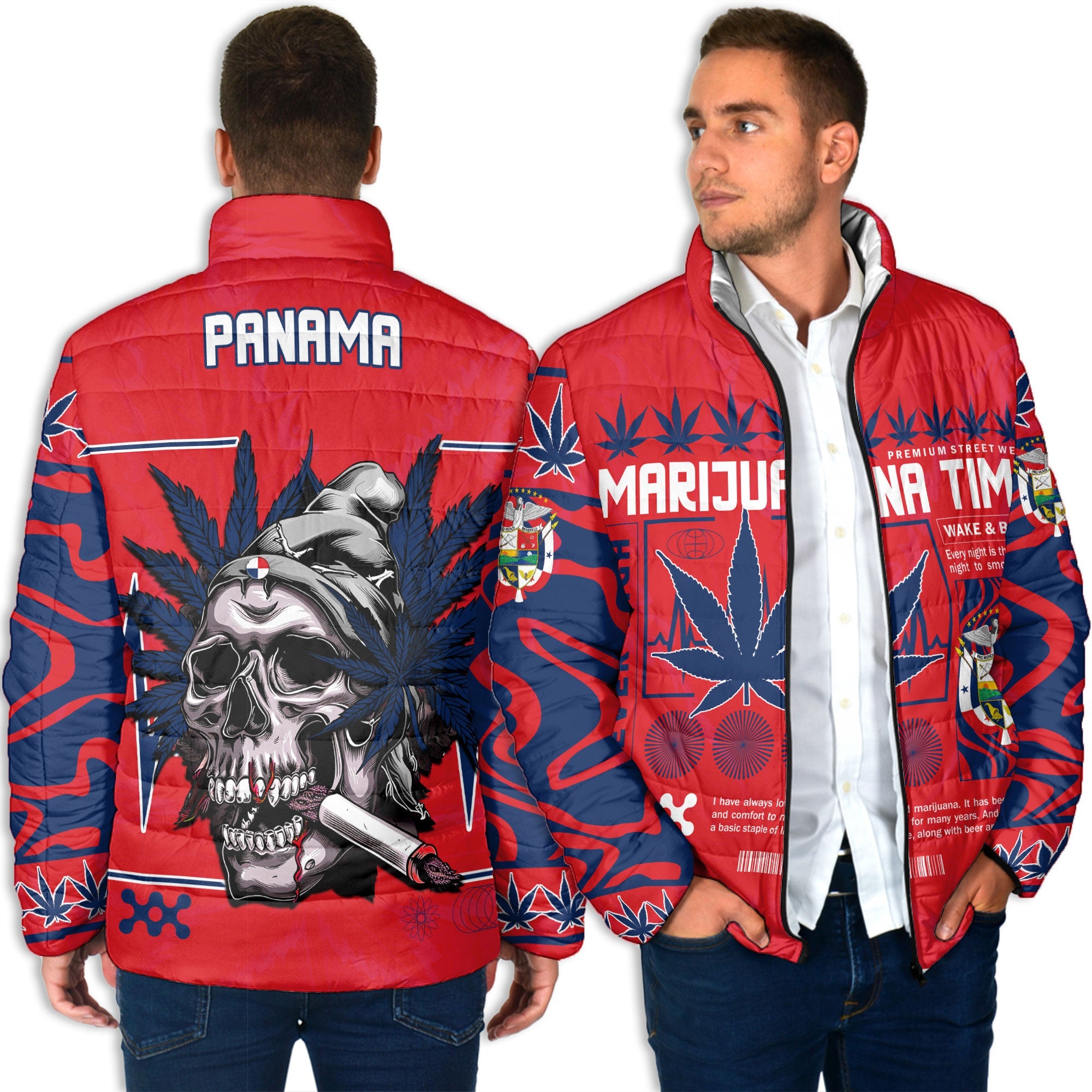 Panama Men Padded Jacket Flag & Coat Of Arms Marijuanas Style