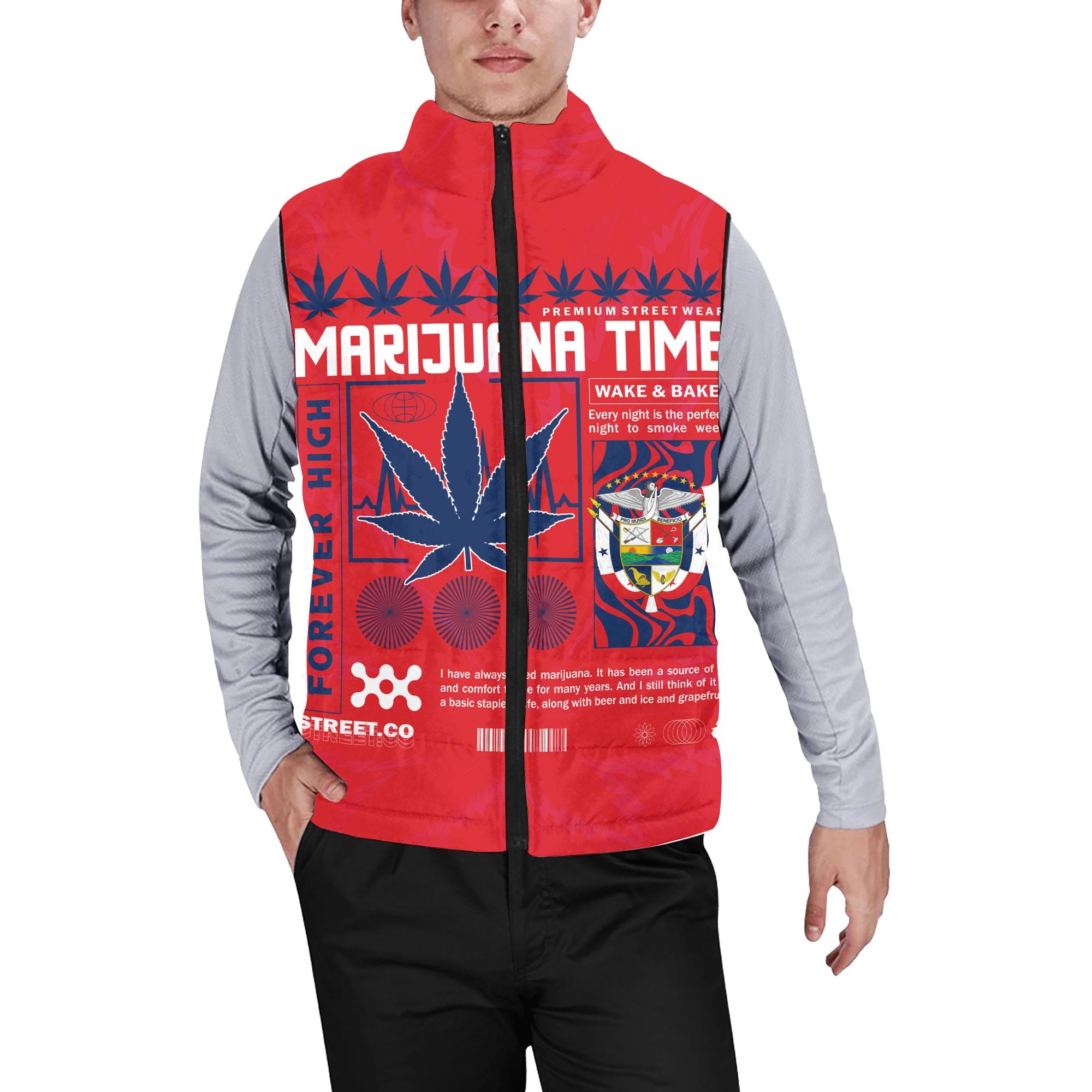 Panama Men Padded Jacket Vest Flag & Coat Of Arms Marijuanas Style