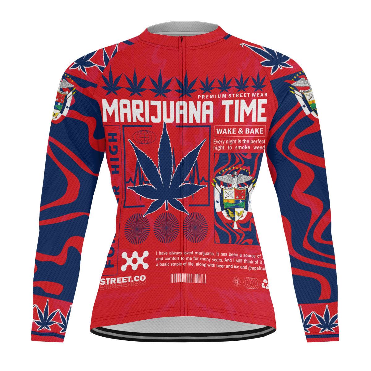 Panama Men's Cycling Jersey Long Sleeve Flag & Coat Of Arms Marijuanas Style