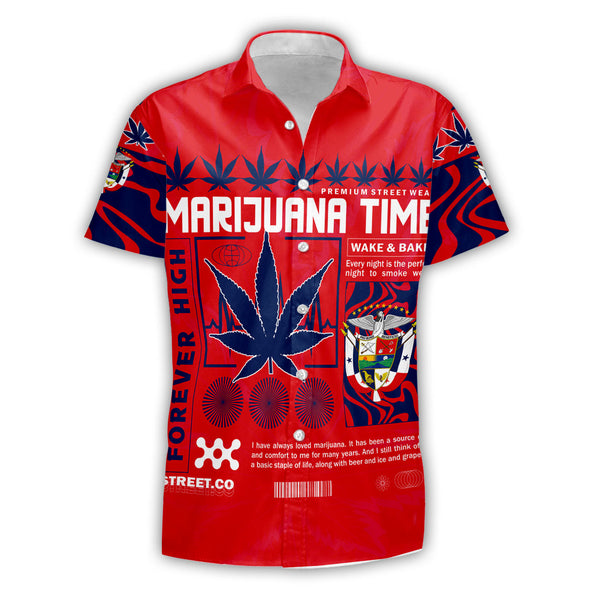 Panama Short Sleeve Shirt Flag & Coat Of Arms Marijuanas Style