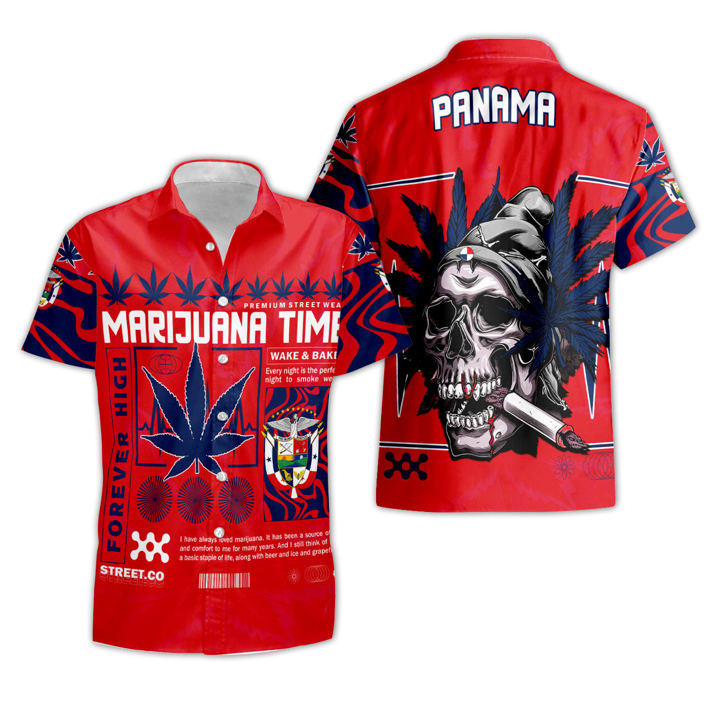 Panama Short Sleeve Shirt Flag & Coat Of Arms Marijuanas Style