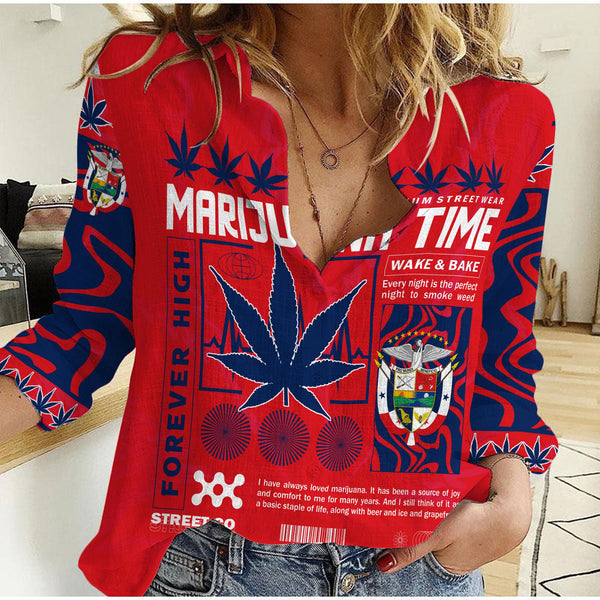 Panama Women Casual Shirt Flag & Coat Of Arms Marijuanas Style