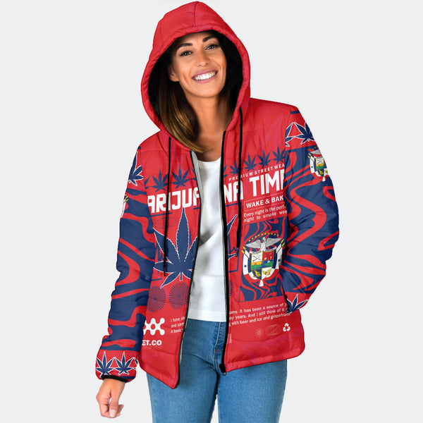 Panama Women Hooded Padded Jacket Flag & Coat Of Arms Marijuanas Style