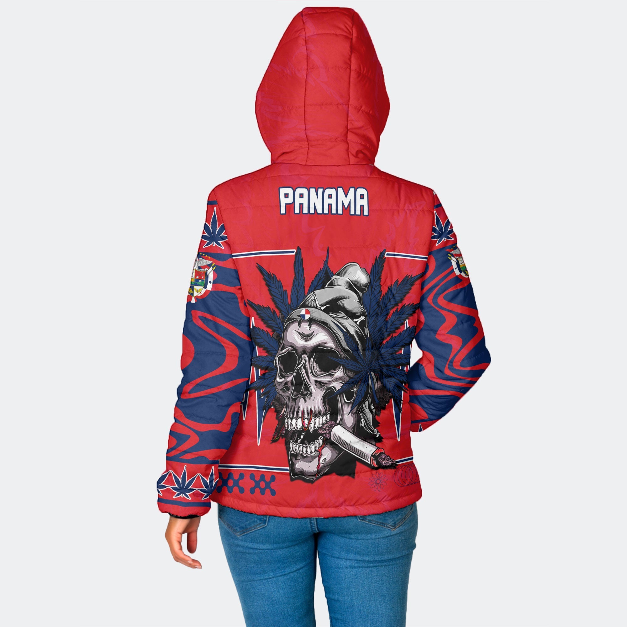 Panama Women Hooded Padded Jacket Flag & Coat Of Arms Marijuanas Style