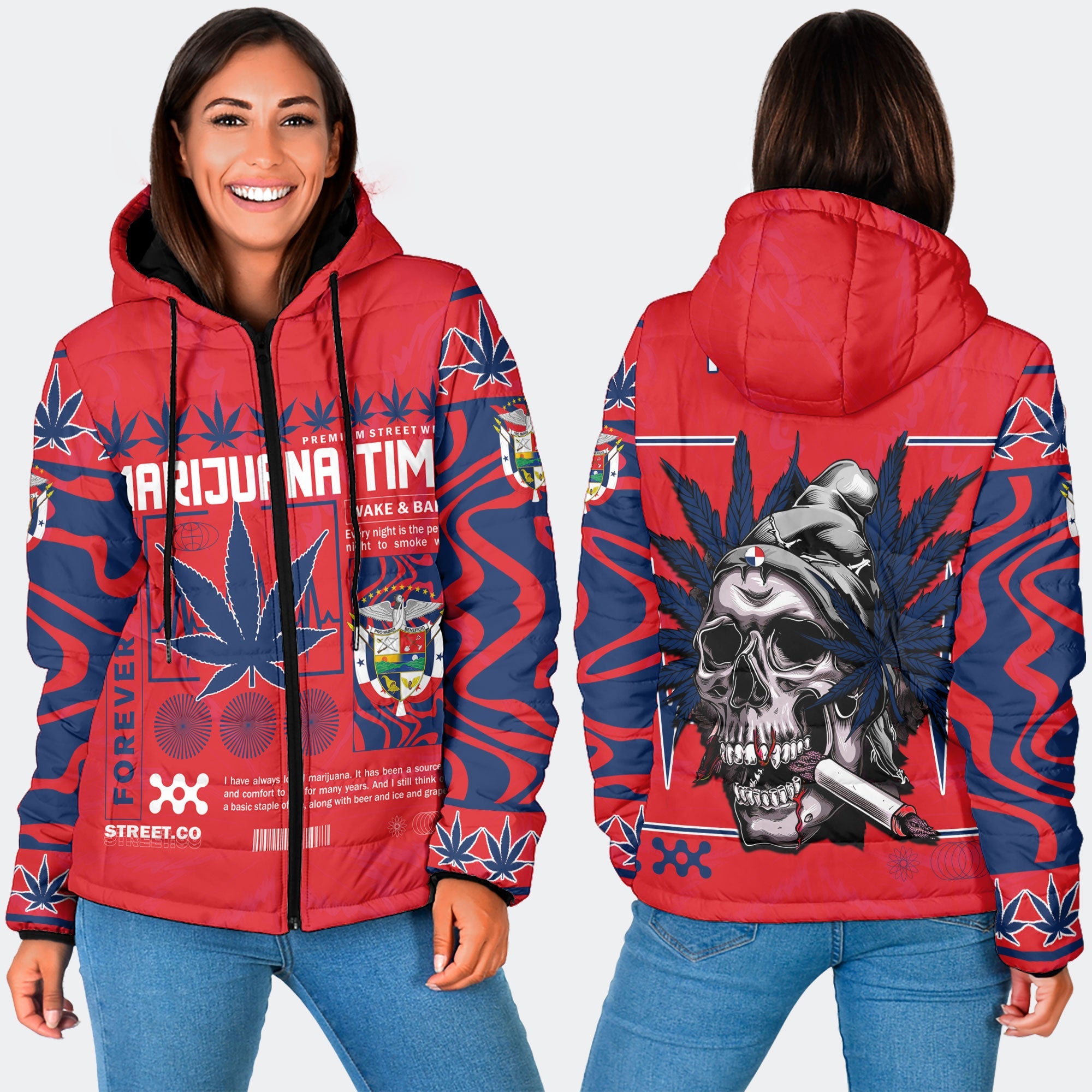 Panama Women Hooded Padded Jacket Flag & Coat Of Arms Marijuanas Style