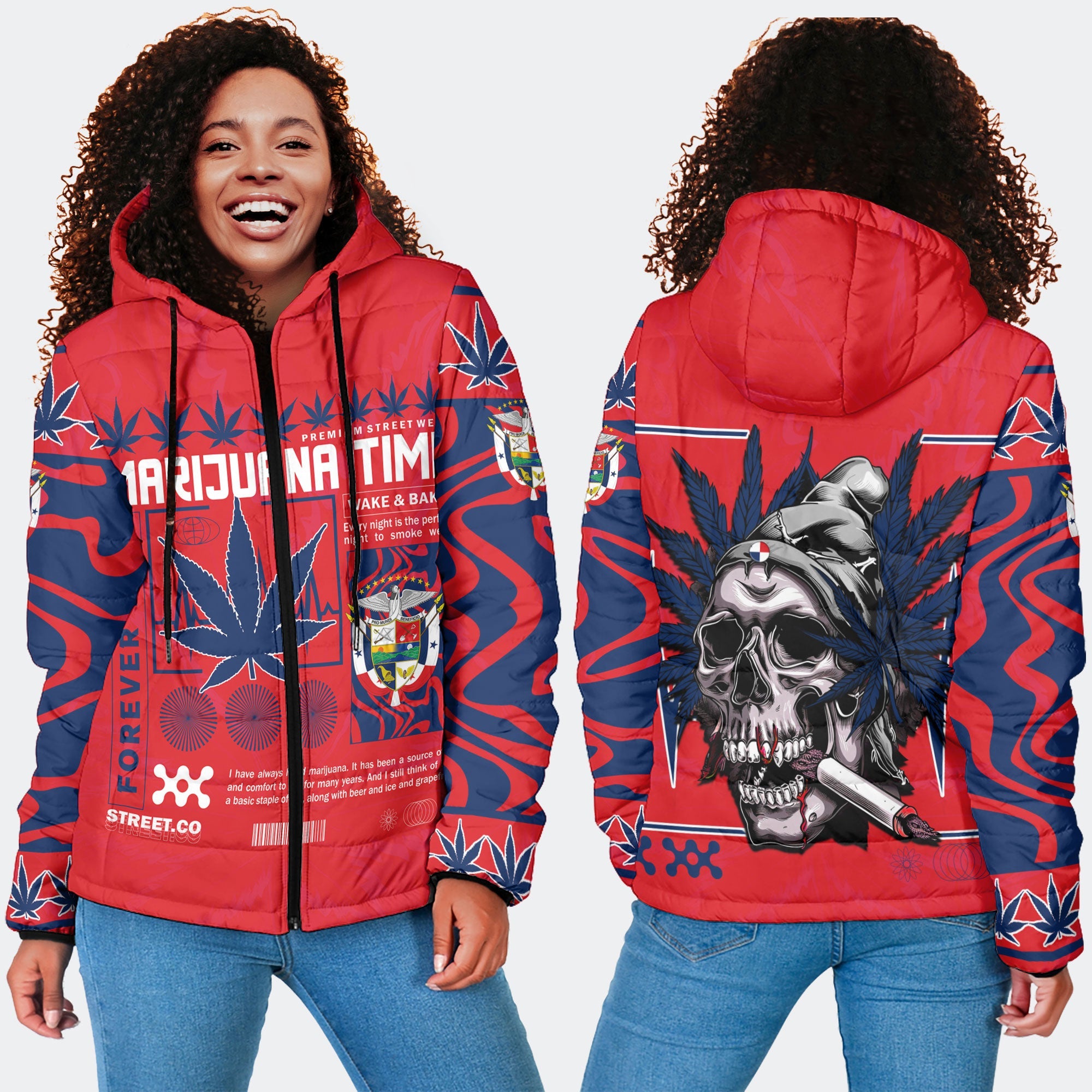 Panama Women Hooded Padded Jacket Flag & Coat Of Arms Marijuanas Style