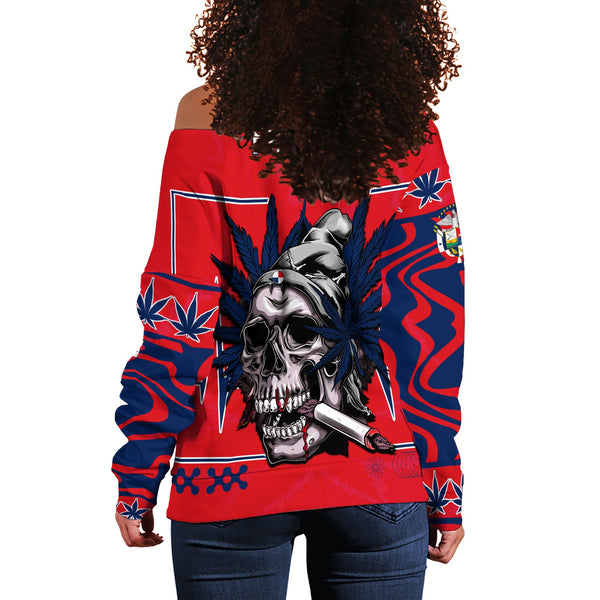 Panama Women Off Shoulder Sweatshirt Flag & Coat Of Arms Marijuanas Style