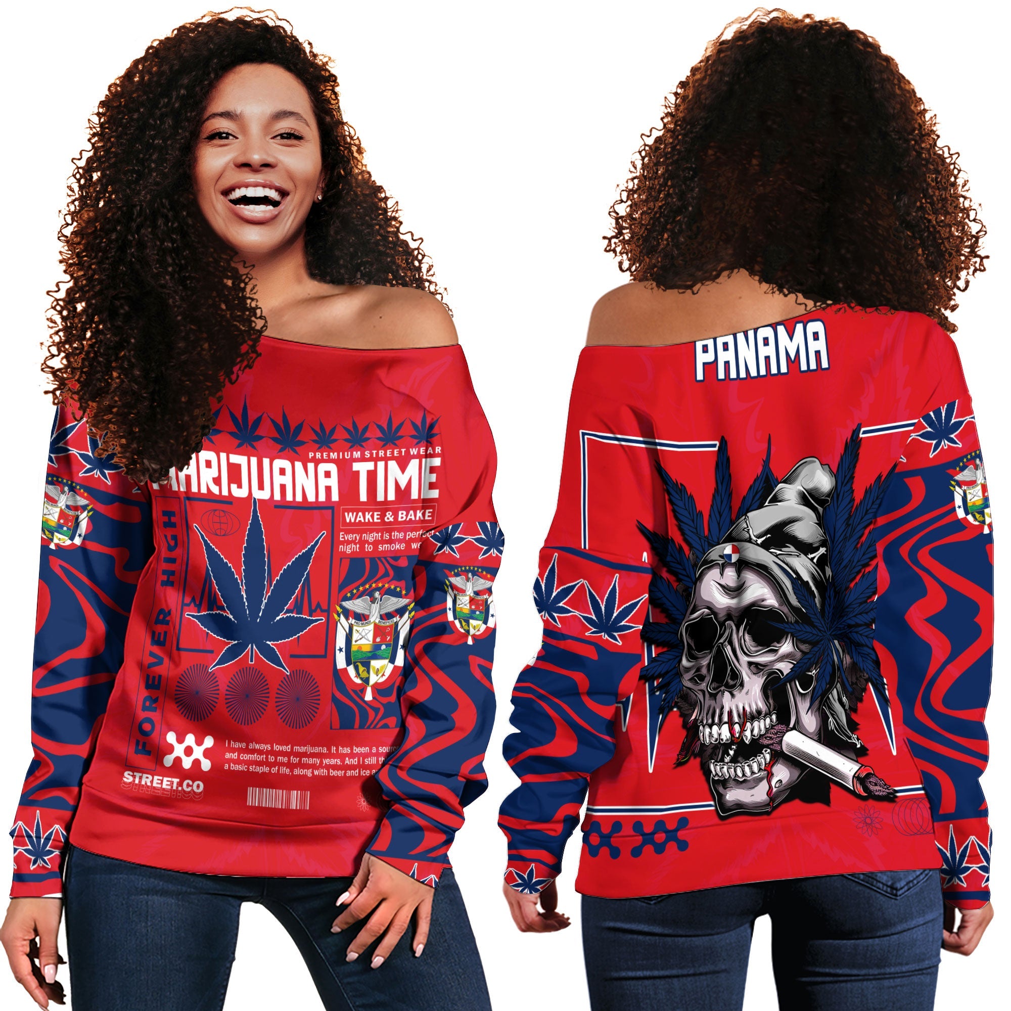 Panama Women Off Shoulder Sweatshirt Flag & Coat Of Arms Marijuanas Style