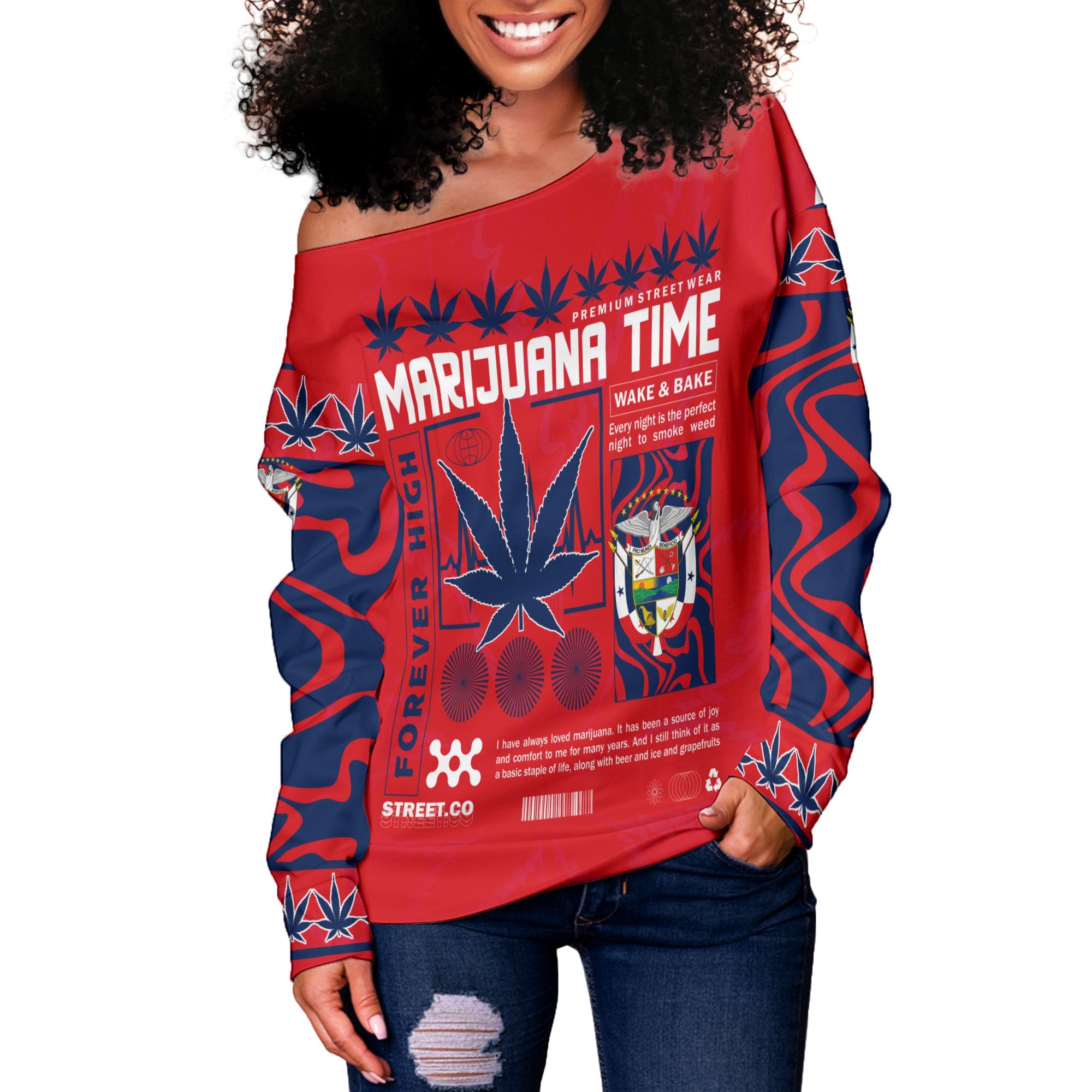 Panama Women Off Shoulder Sweatshirt Flag & Coat Of Arms Marijuanas Style