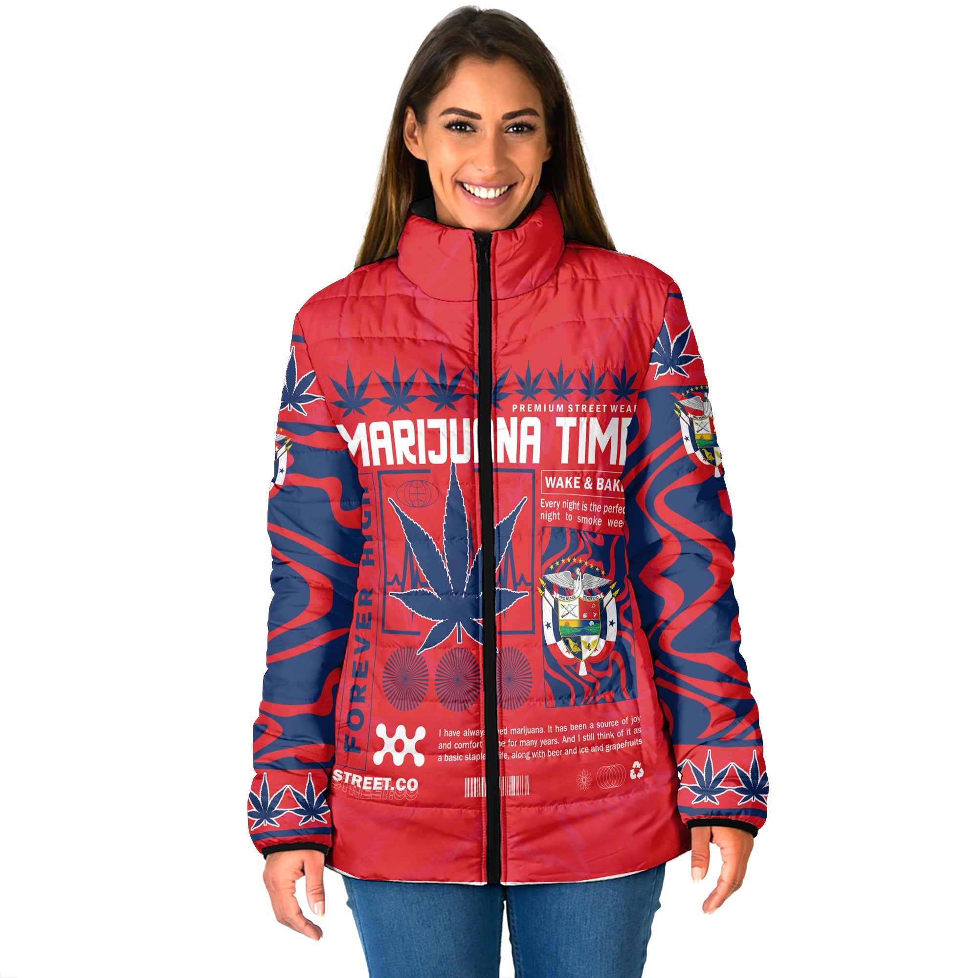 Panama Women Padded Jacket Flag & Coat Of Arms Marijuanas Style