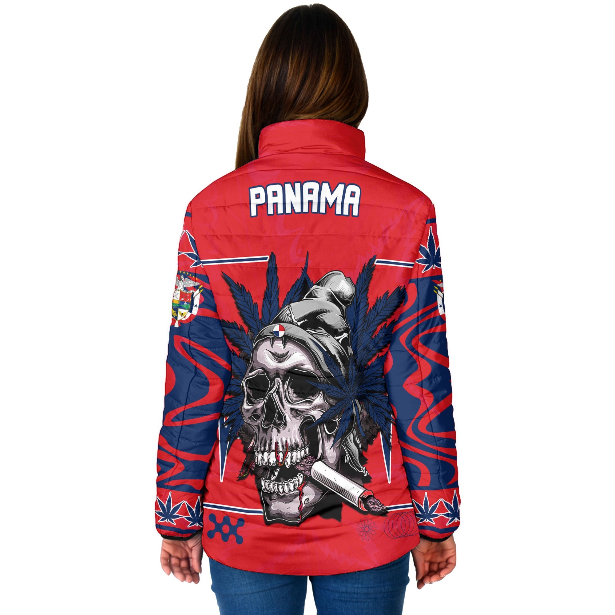 Panama Women Padded Jacket Flag & Coat Of Arms Marijuanas Style