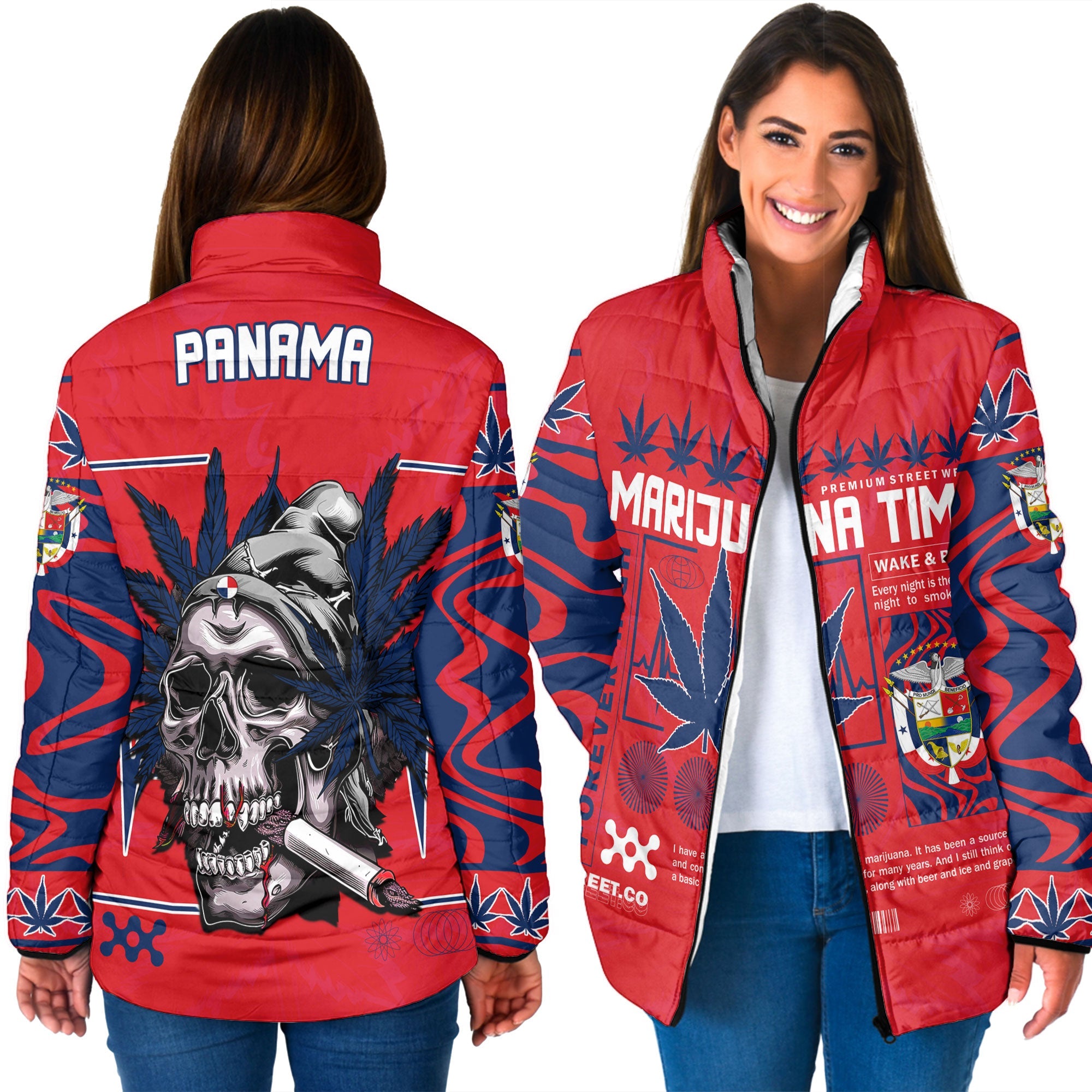 Panama Women Padded Jacket Flag & Coat Of Arms Marijuanas Style