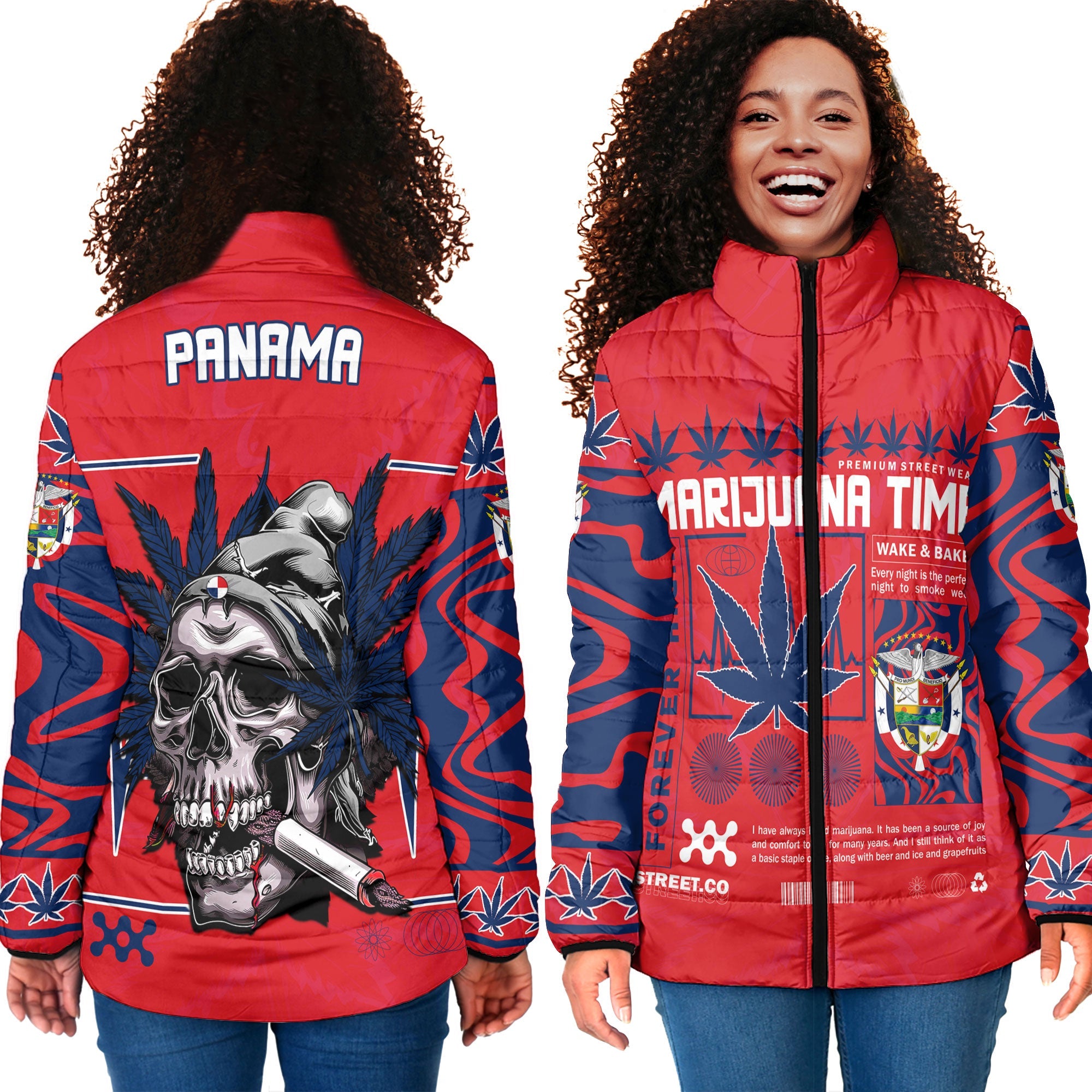 Panama Women Padded Jacket Flag & Coat Of Arms Marijuanas Style