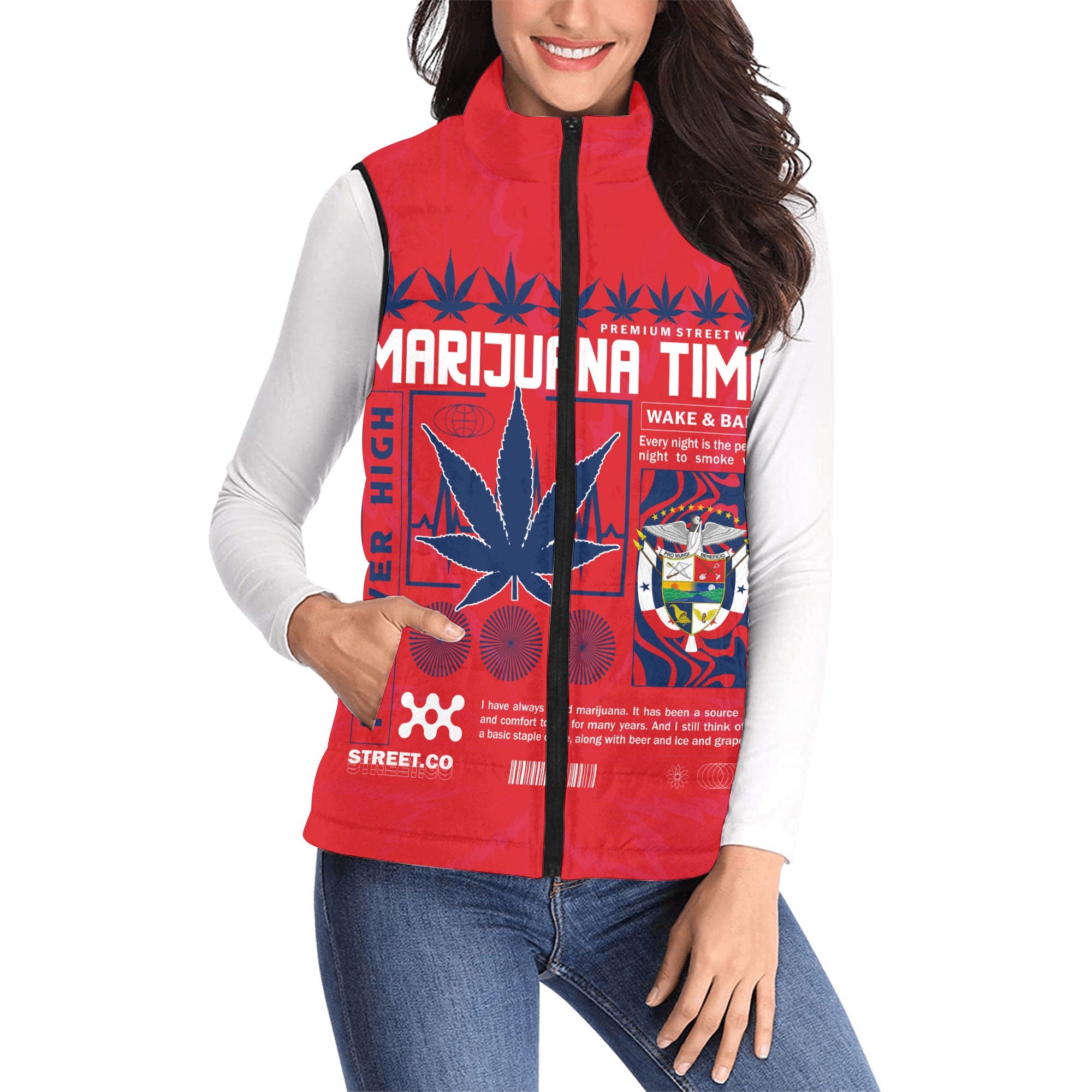 Panama Women Padded Jacket Vest Flag & Coat Of Arms Marijuanas Style