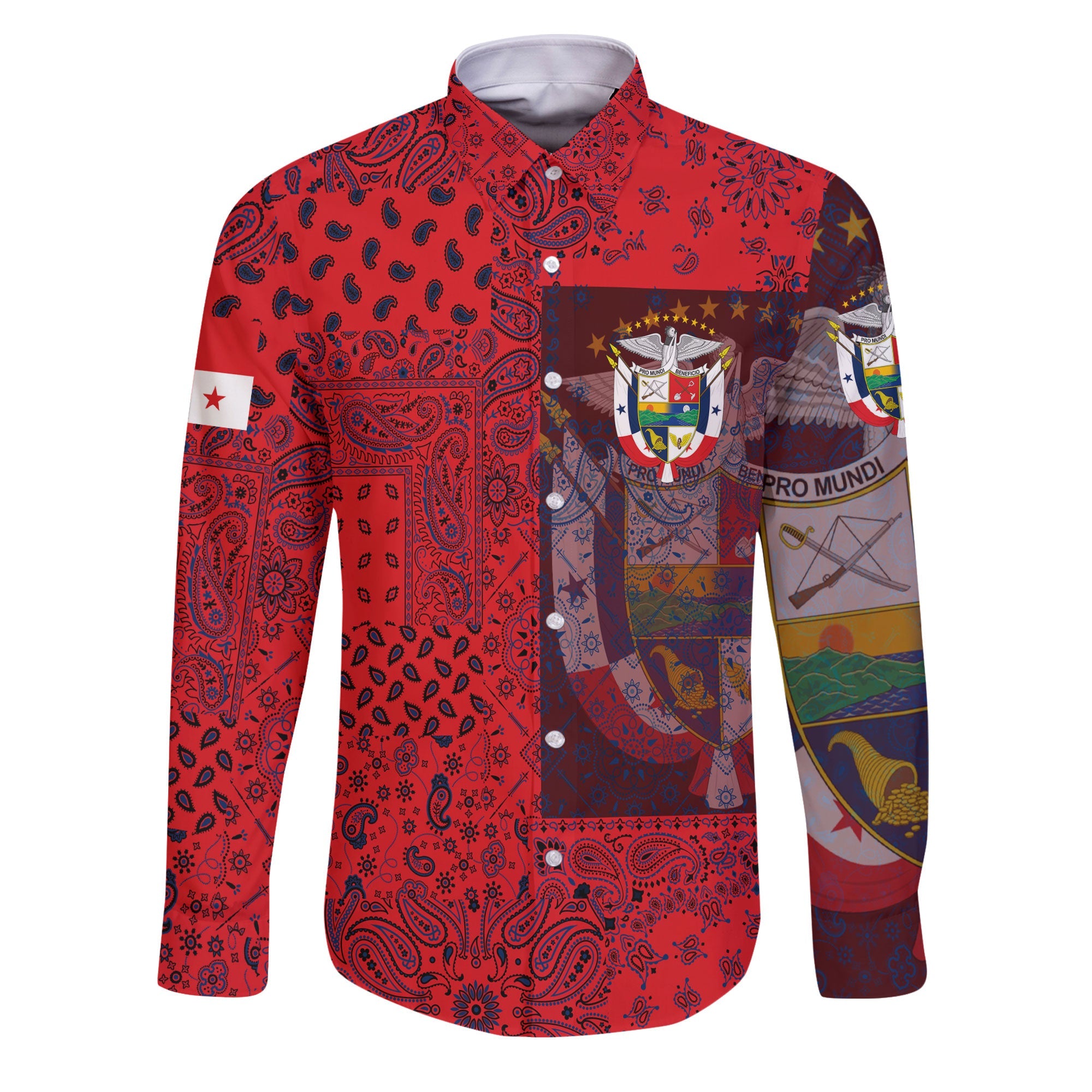 Panama Long Sleeve Button Shirt Paisley Flag And Skull Style 1