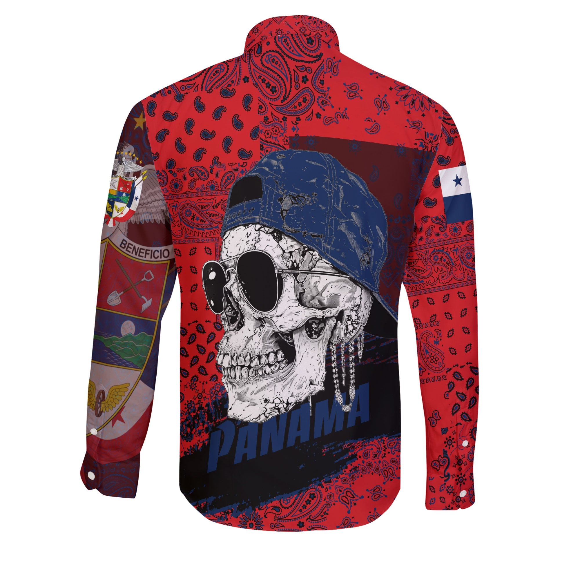 Panama Long Sleeve Button Shirt Paisley Flag And Skull Style 2