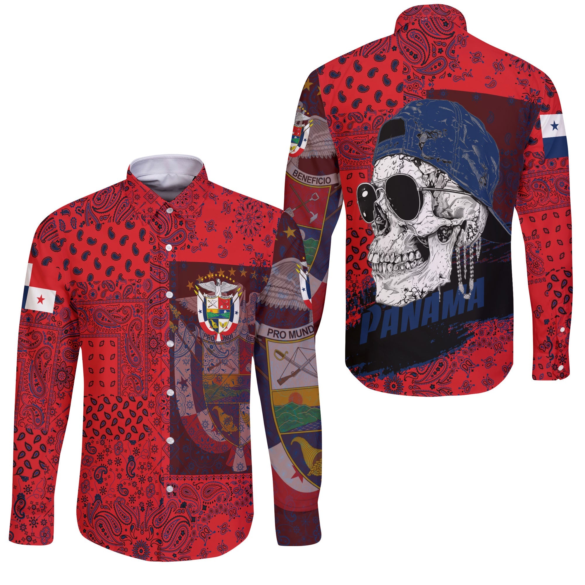 Panama Long Sleeve Button Shirt Paisley Flag And Skull Style 3