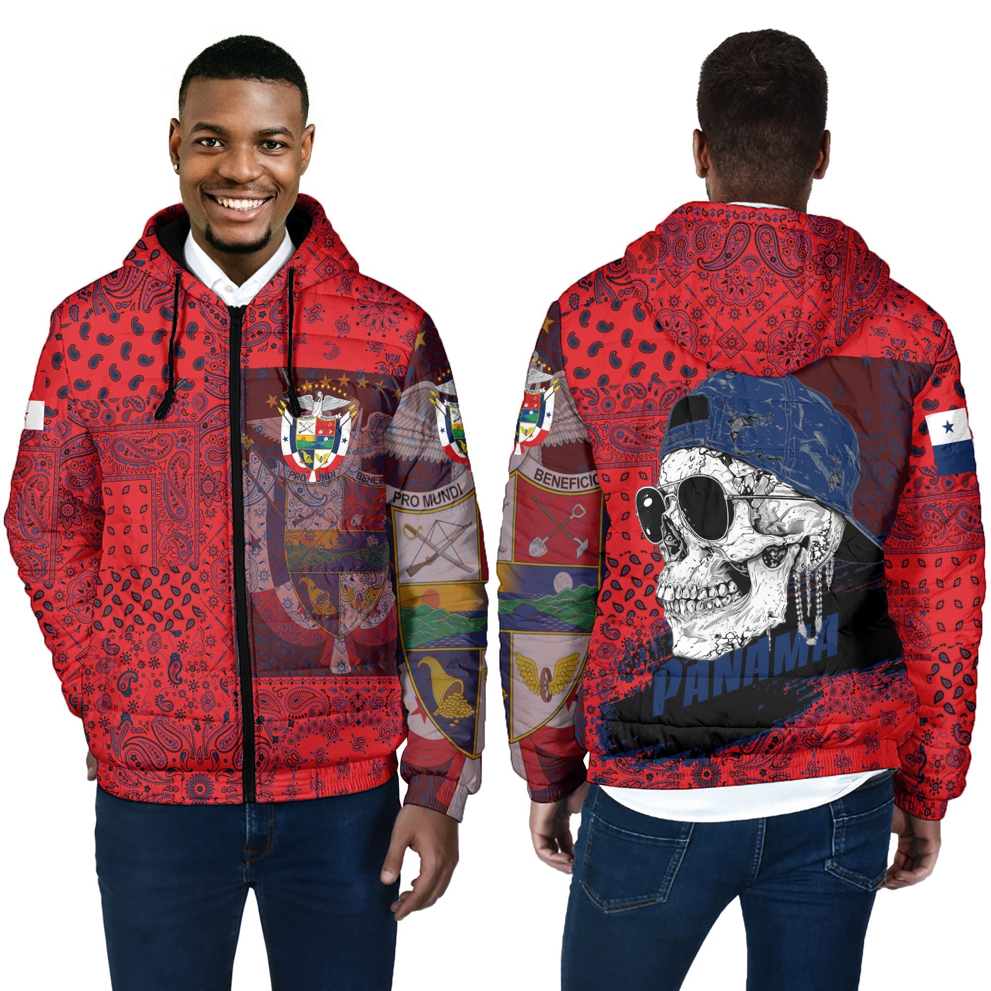 Panama Men Hooded Padded Jacket Paisley Flag And Skull Style 4