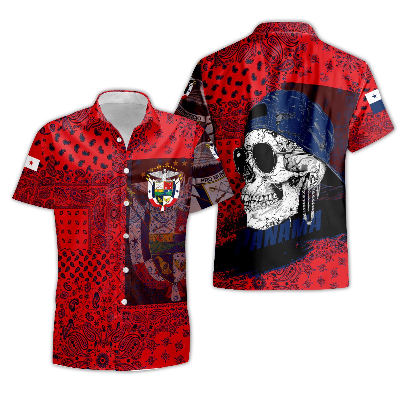 Panama Short Sleeve Shirt Paisley Flag And Skull Style 3