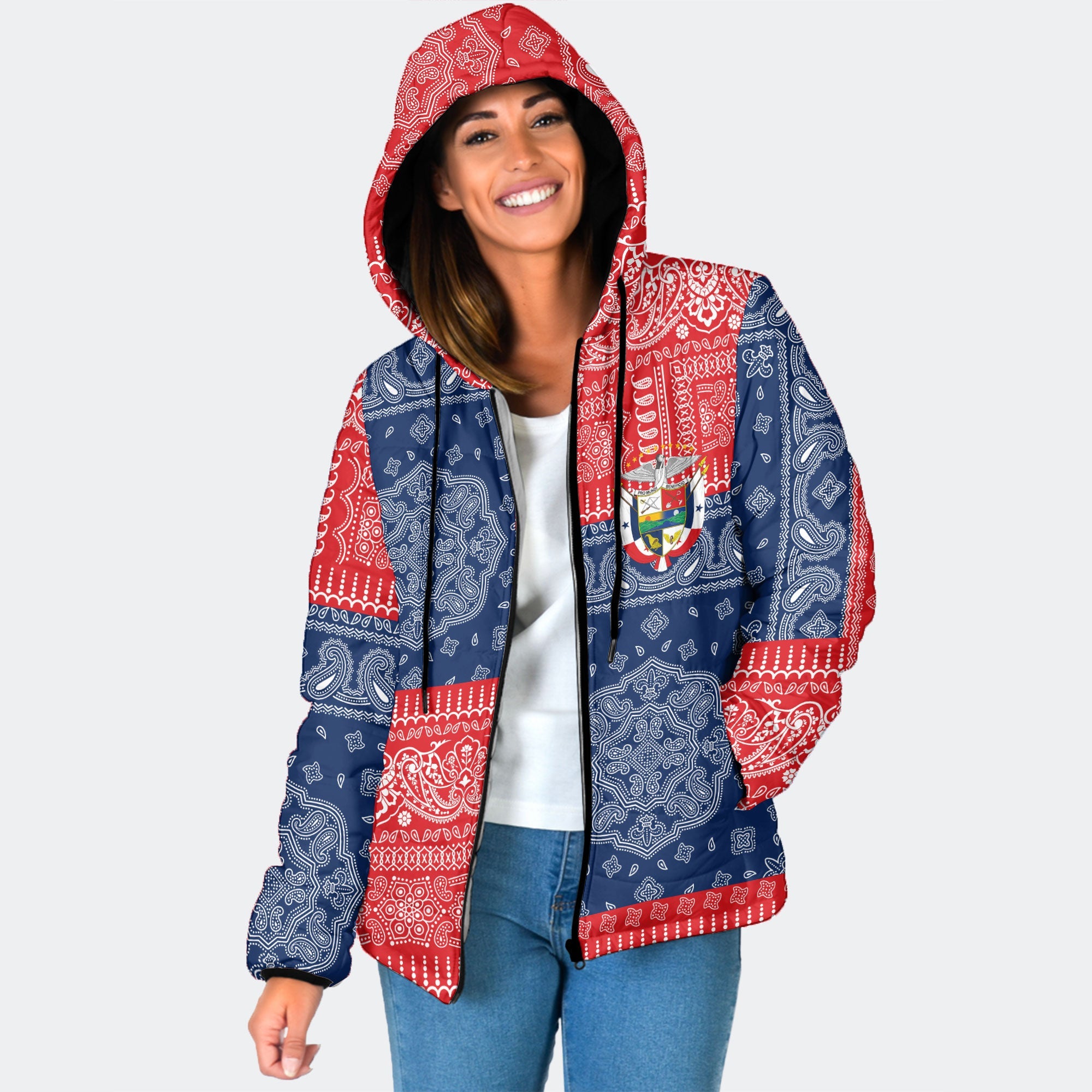 Panama Women Hooded Padded Jacket Flag And Paisley Basic Style 1