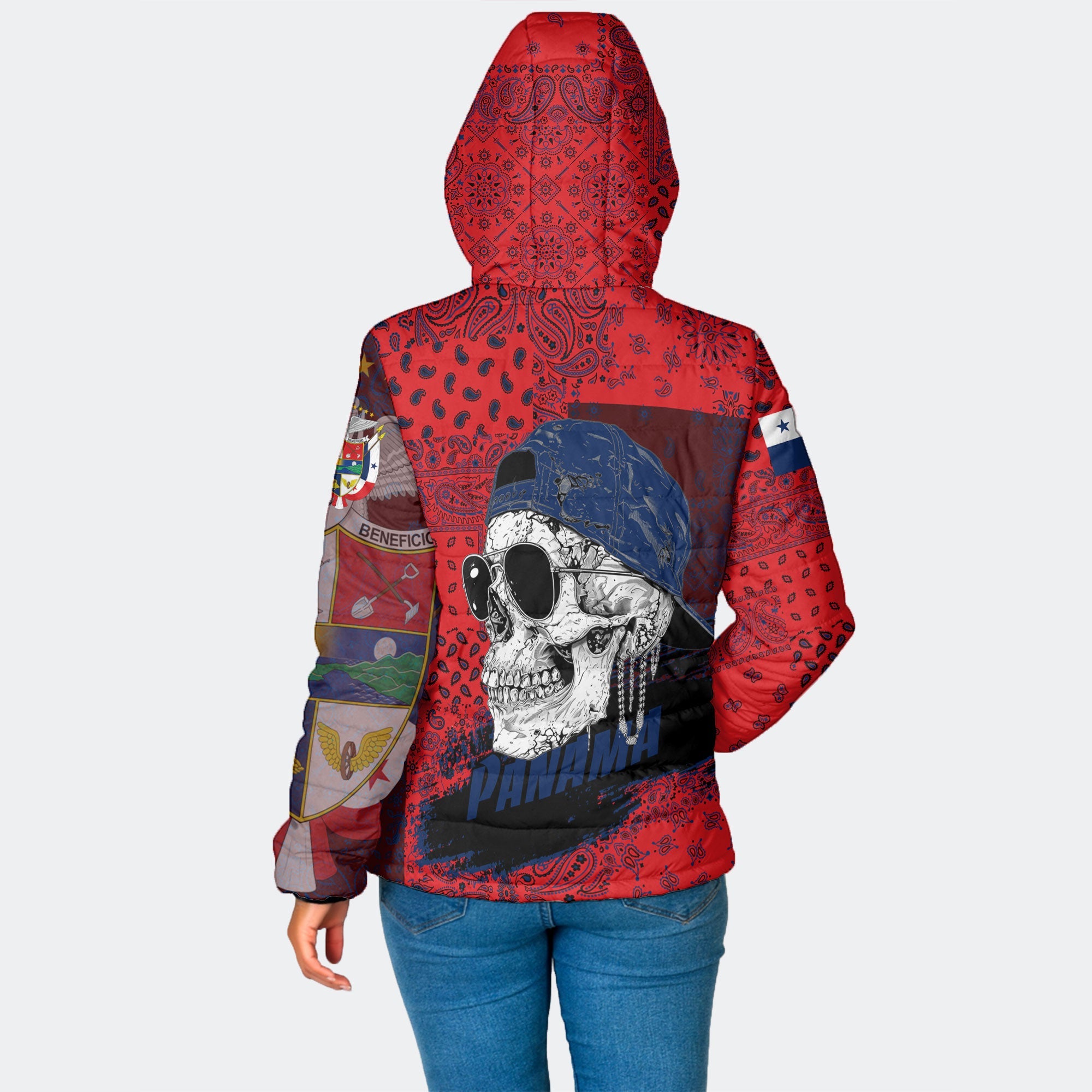 Panama Women Hooded Padded Jacket Paisley Flag And Skull Style 2