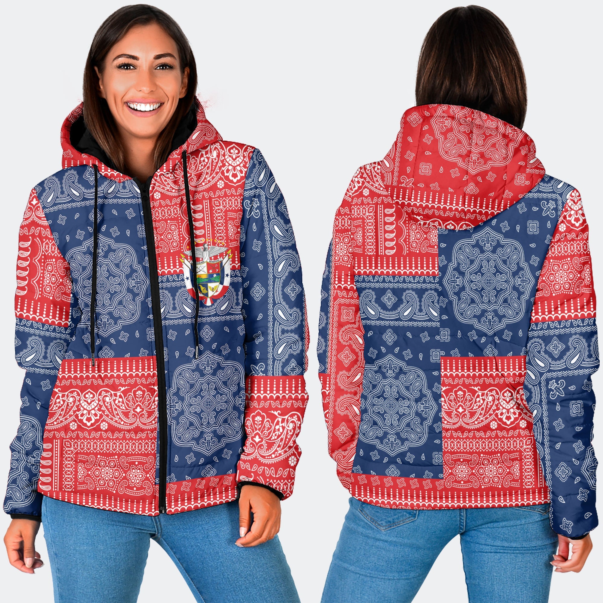 Panama Women Hooded Padded Jacket Flag And Paisley Basic Style 3