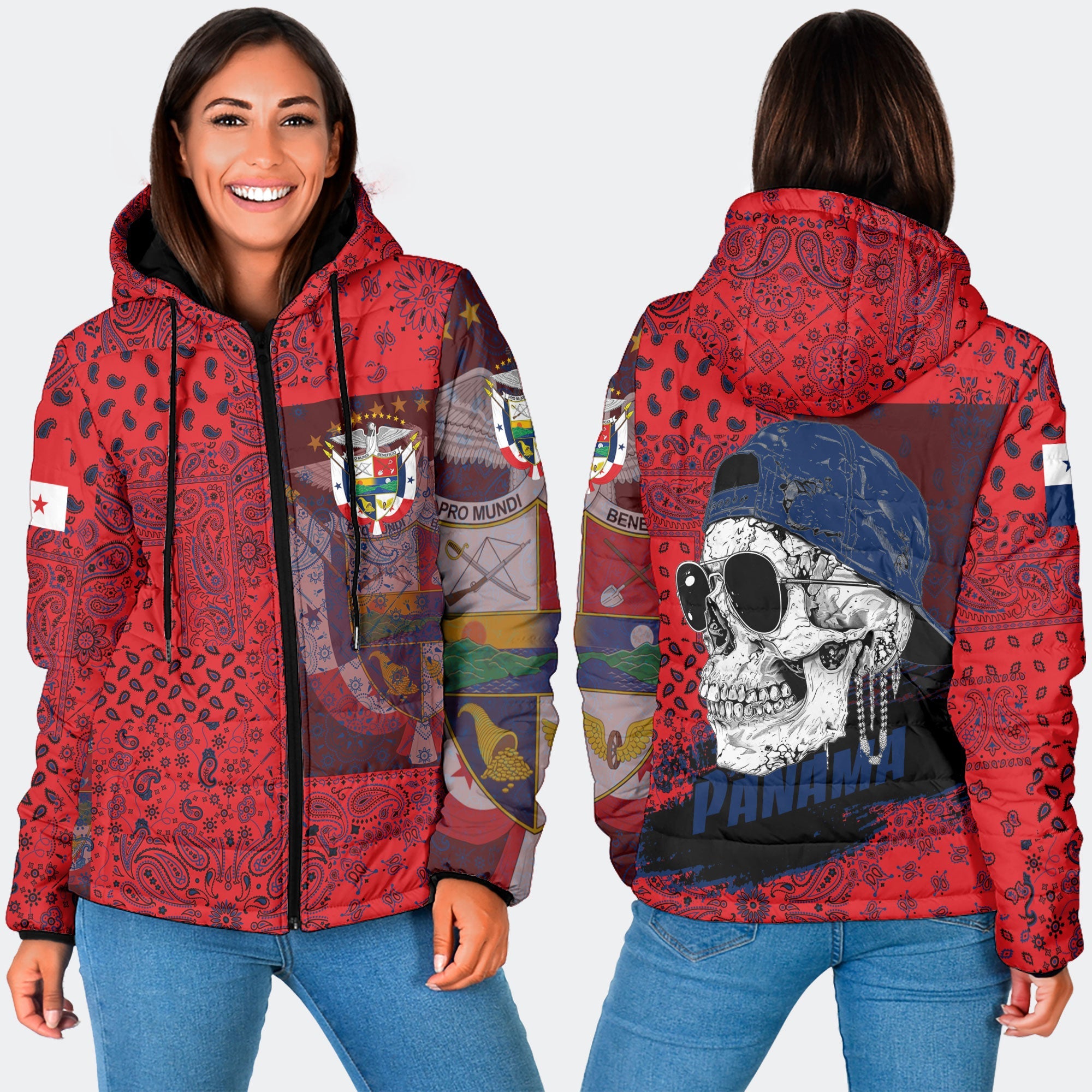 Panama Women Hooded Padded Jacket Paisley Flag And Skull Style 3