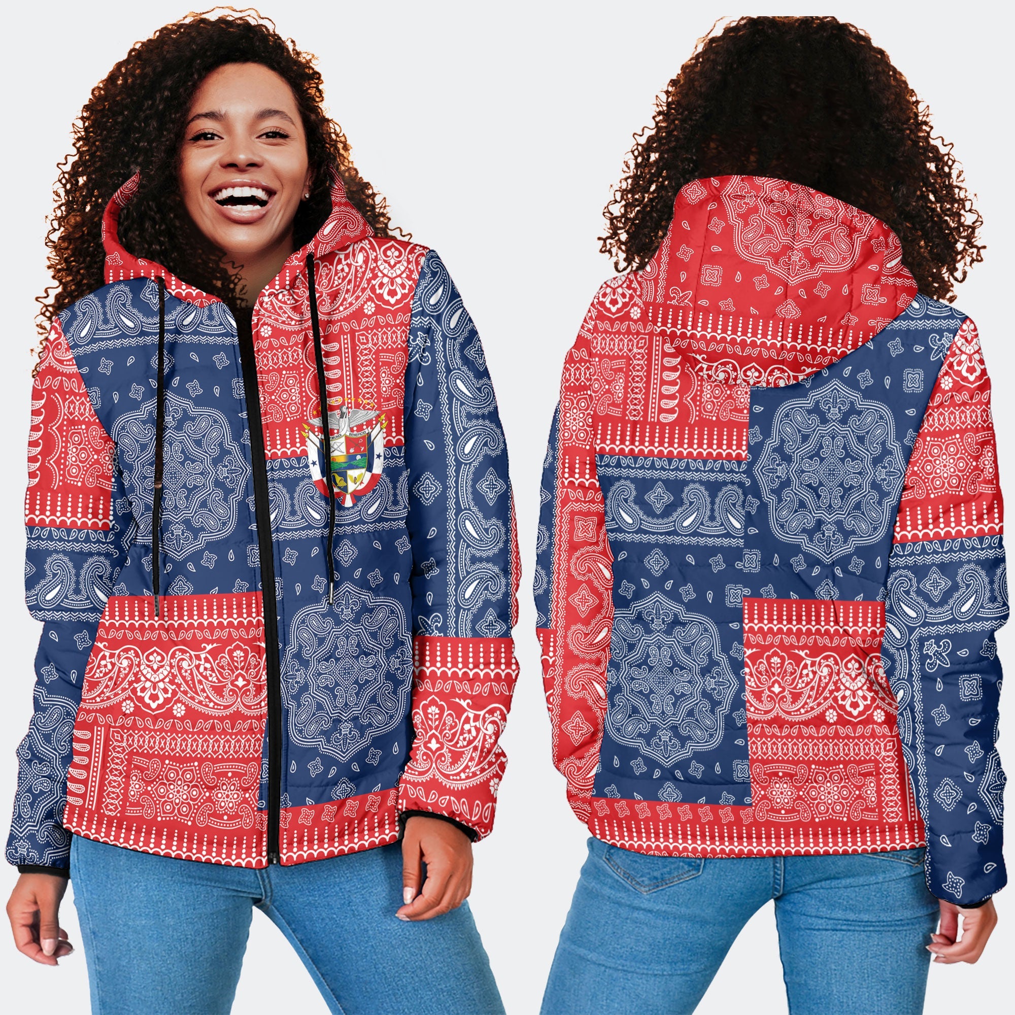 Panama Women Hooded Padded Jacket Flag And Paisley Basic Style 4