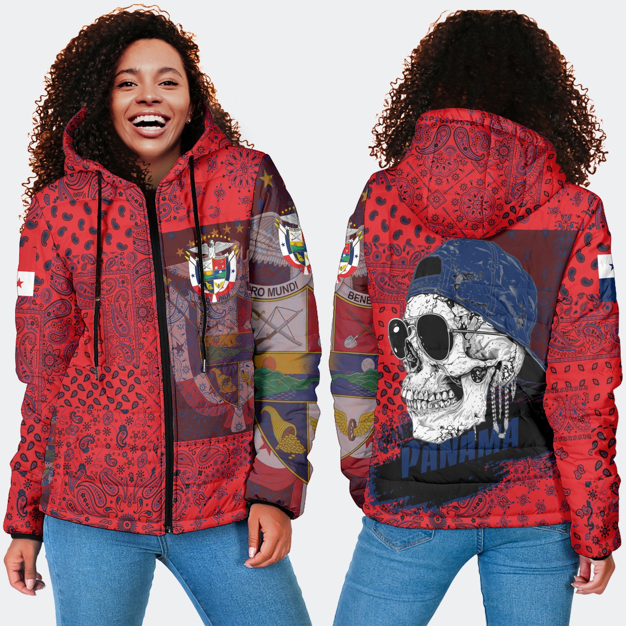 Panama Women Hooded Padded Jacket Paisley Flag And Skull Style 4