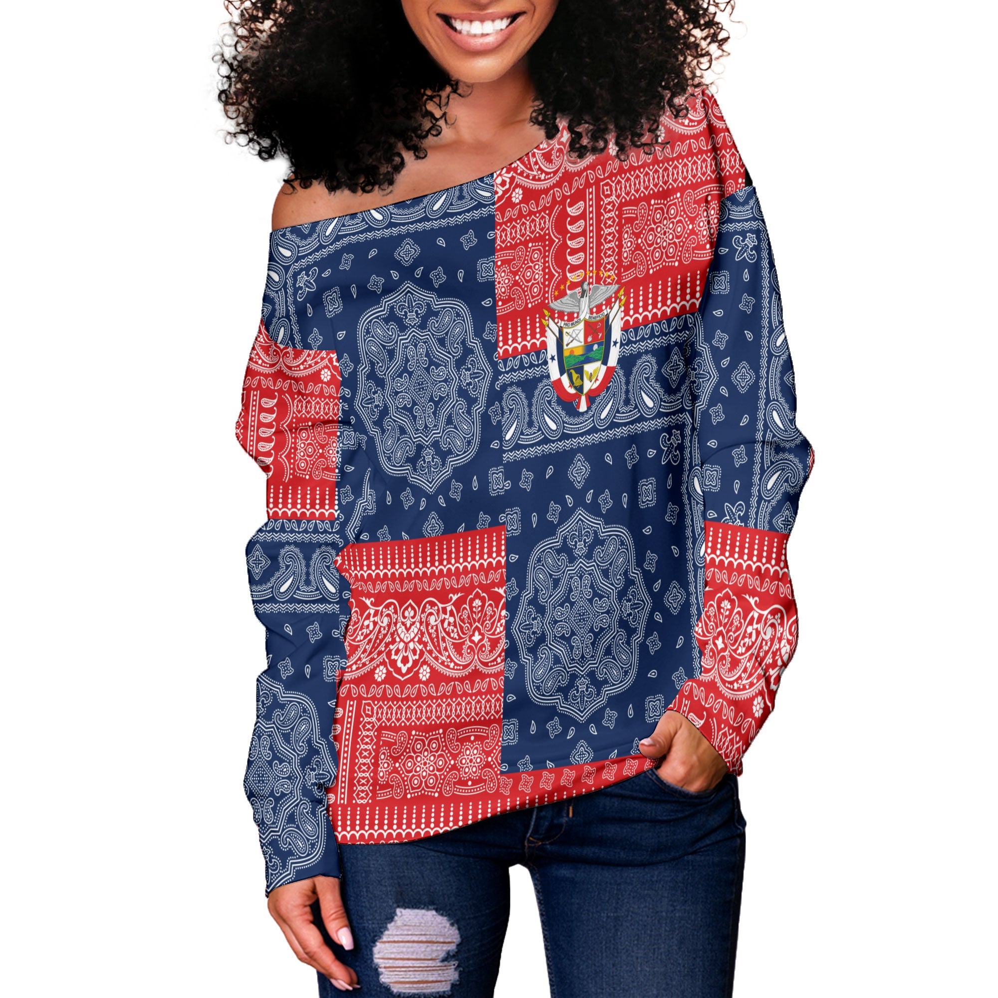 Panama Women Off Shoulder Sweatshirt Flag And Paisley Basic Style 2