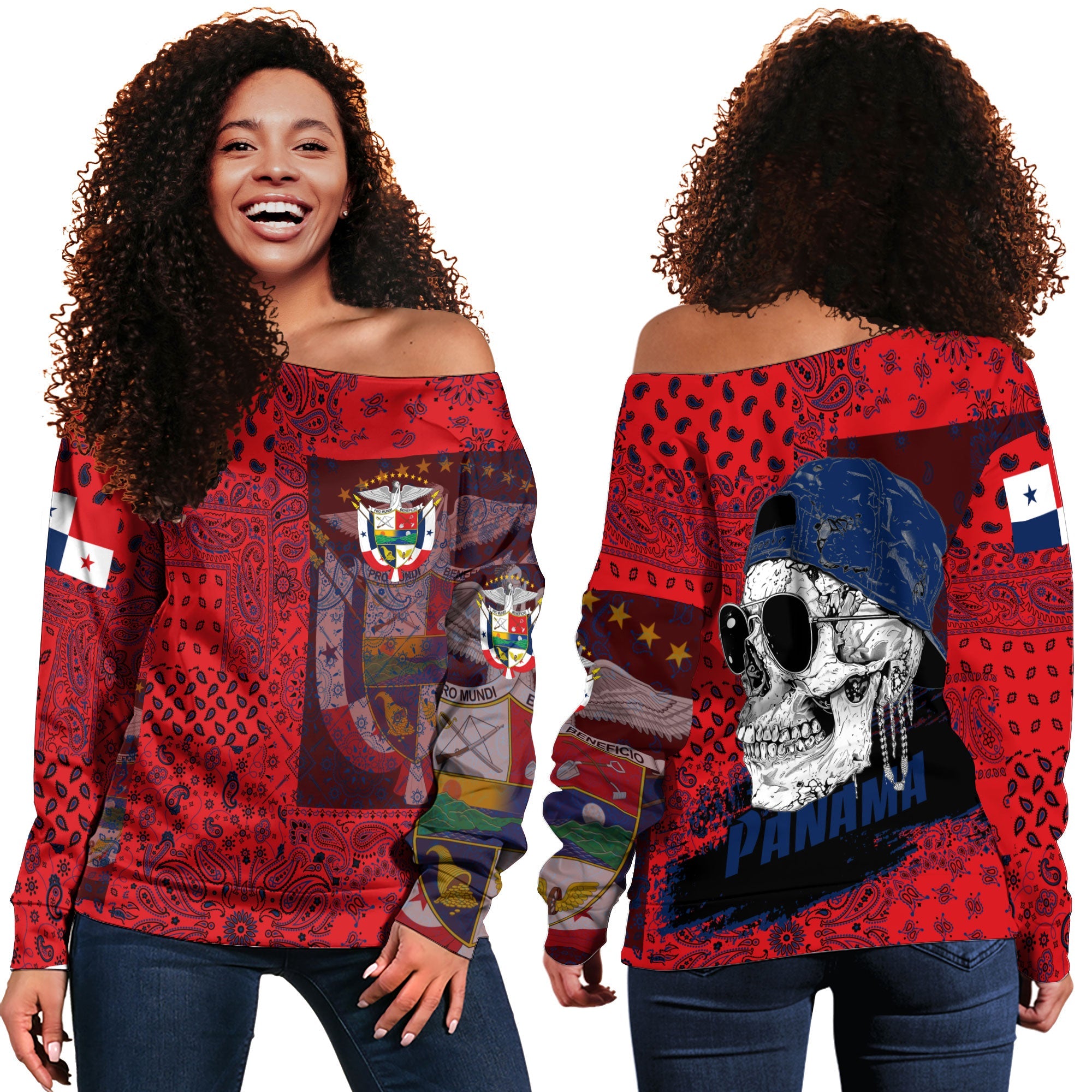 Panama Women Off Shoulder Sweatshirt Paisley Flag And Skull Style 1