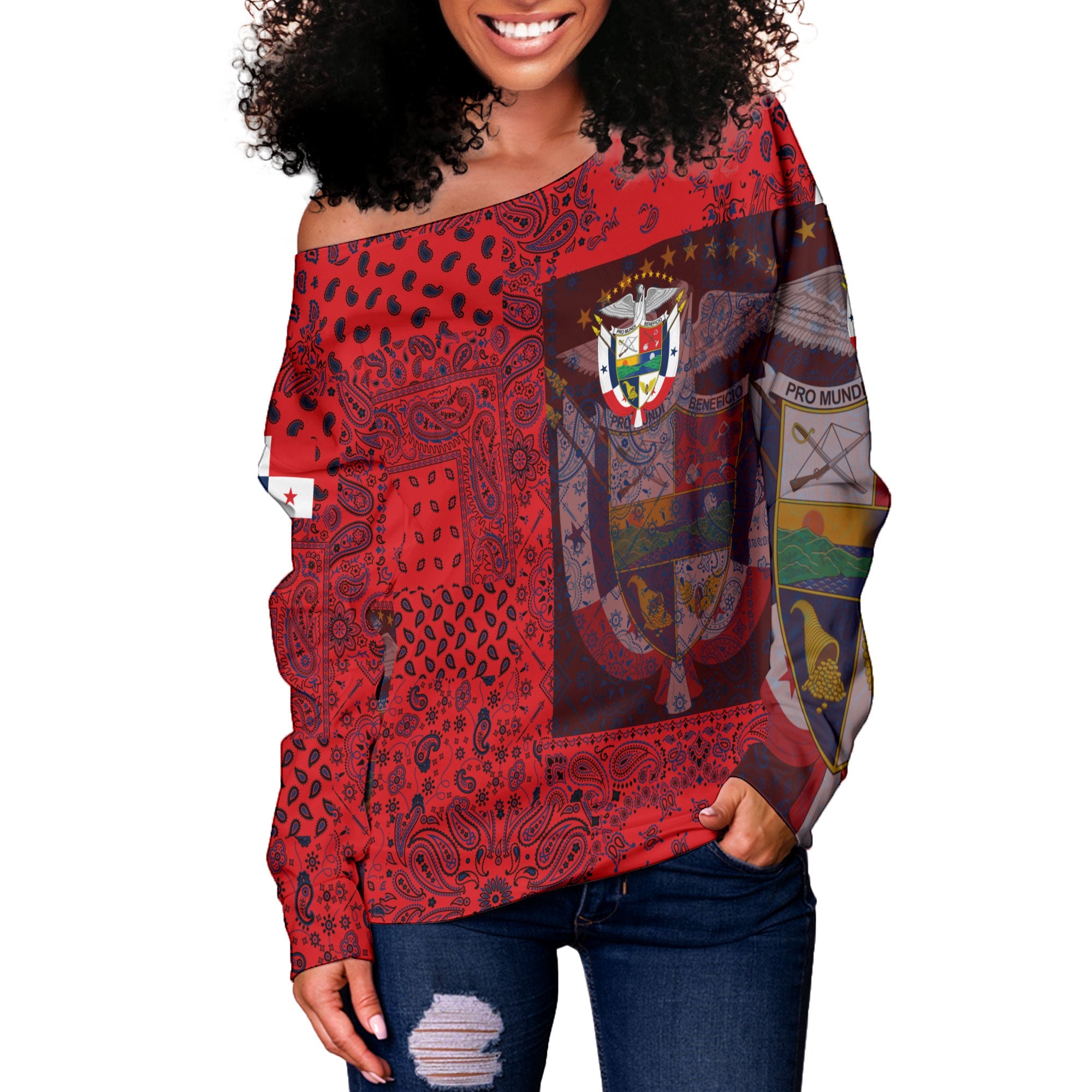 Panama Women Off Shoulder Sweatshirt Paisley Flag And Skull Style 2