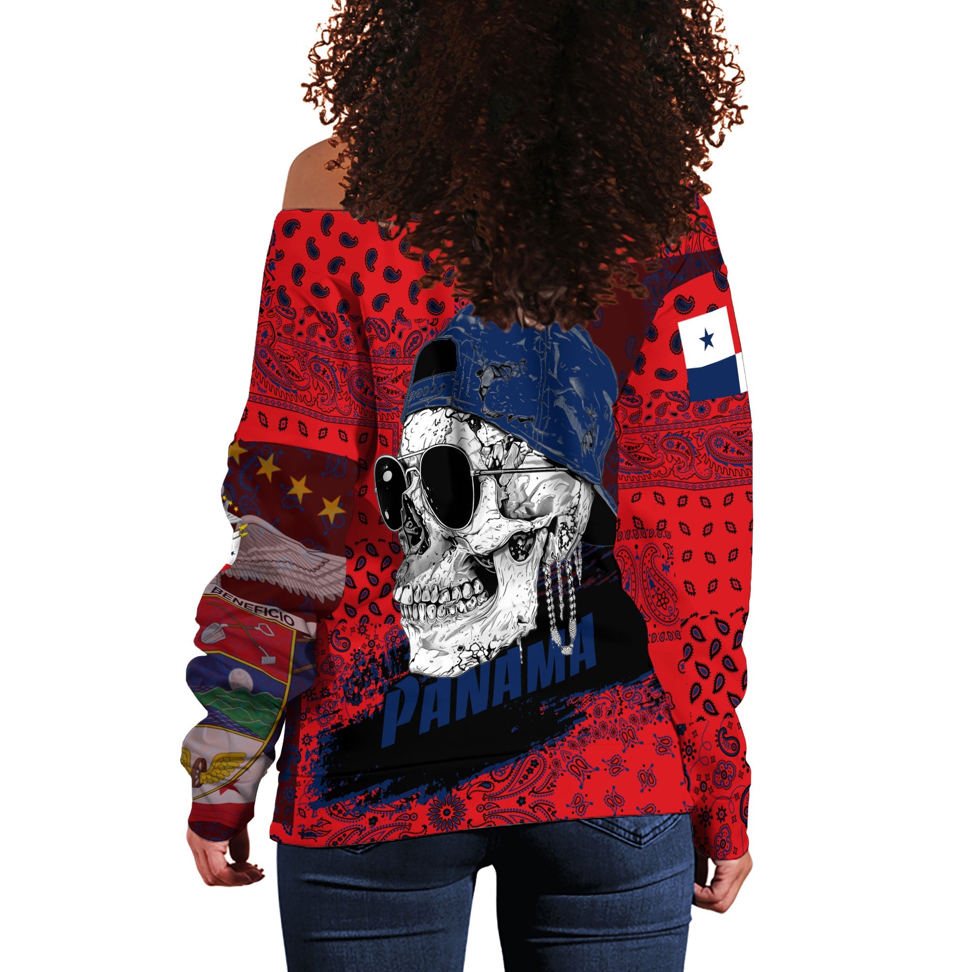 Panama Women Off Shoulder Sweatshirt Paisley Flag And Skull Style 3