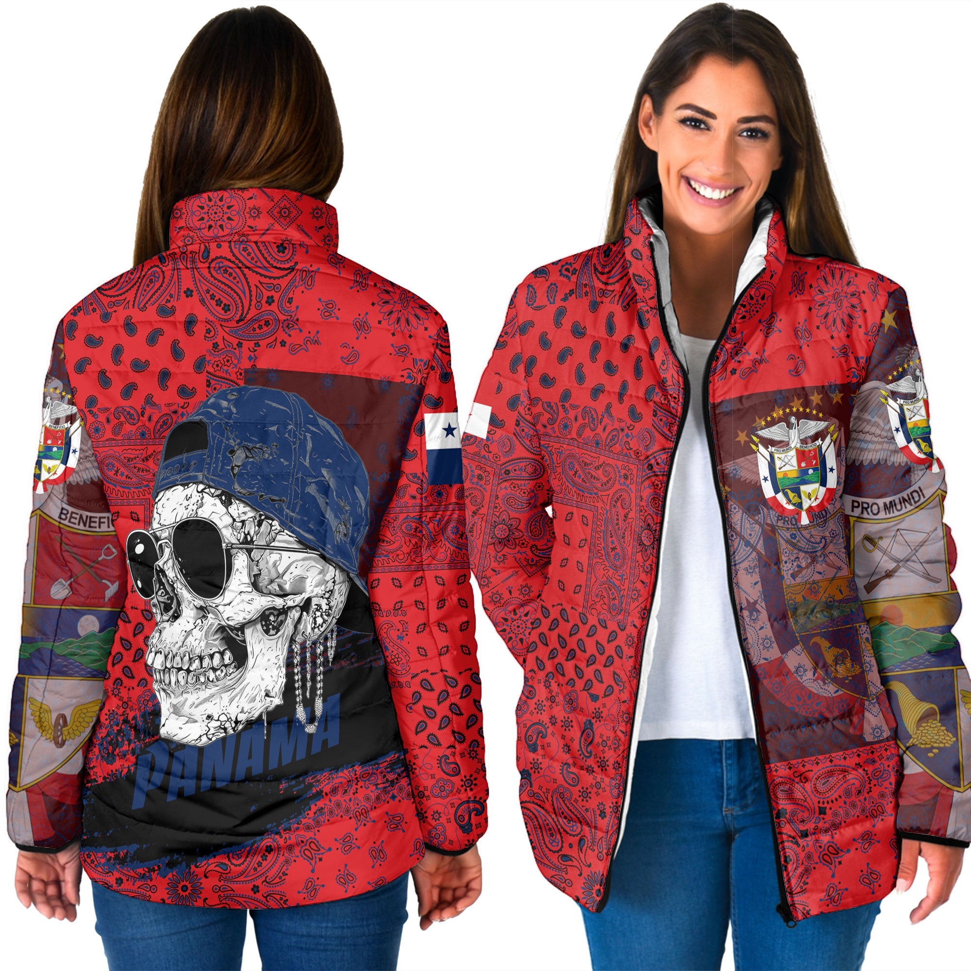 Panama Women Padded Jacket Paisley Flag And Skull Style 3