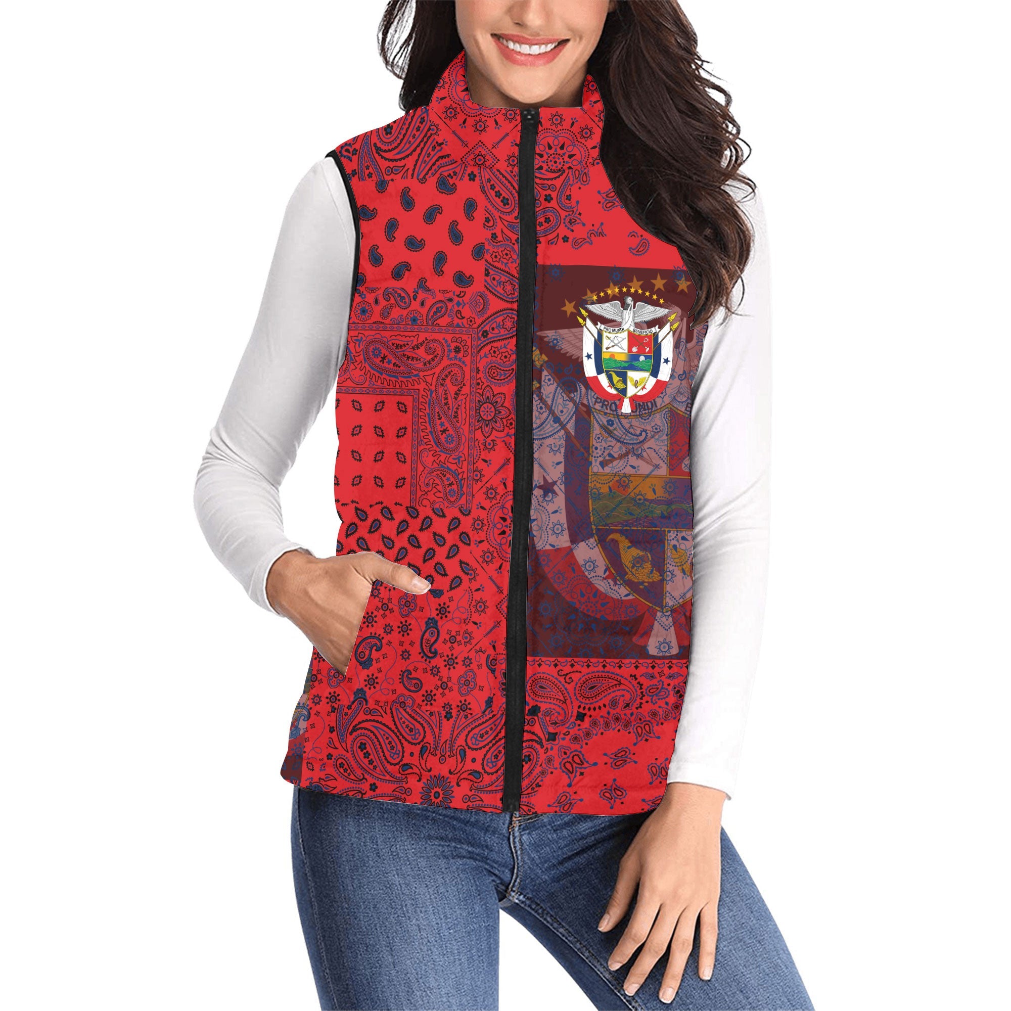 Panama Women Padded Jacket Vest Paisley Flag And Skull Style 1