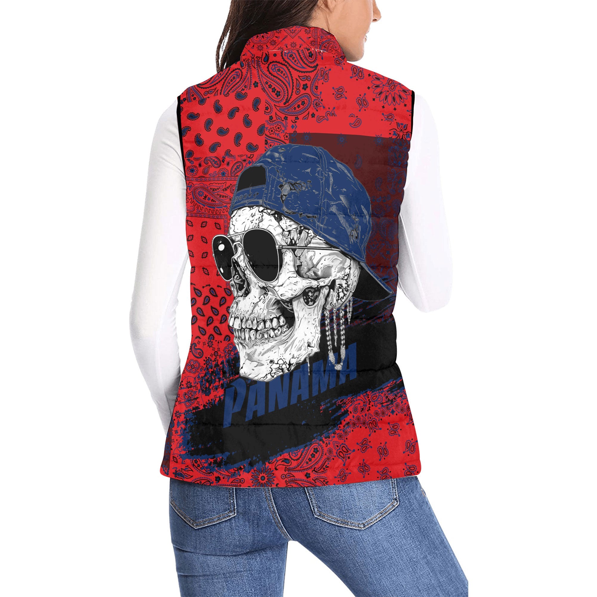 Panama Women Padded Jacket Vest Paisley Flag And Skull Style 2