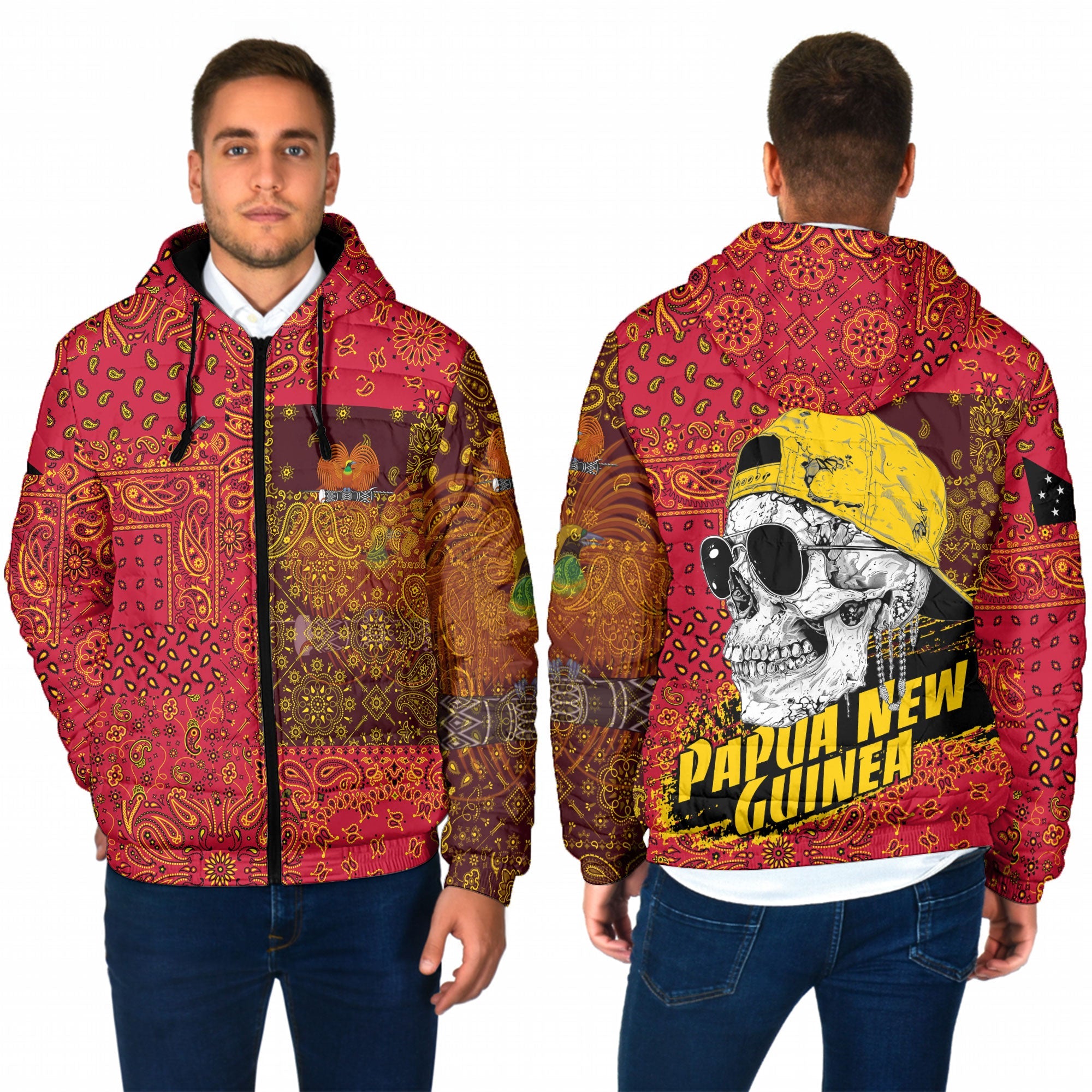 Papua New Guinea Men Hooded Padded Jacket Paisley Flag And Skull Style 1