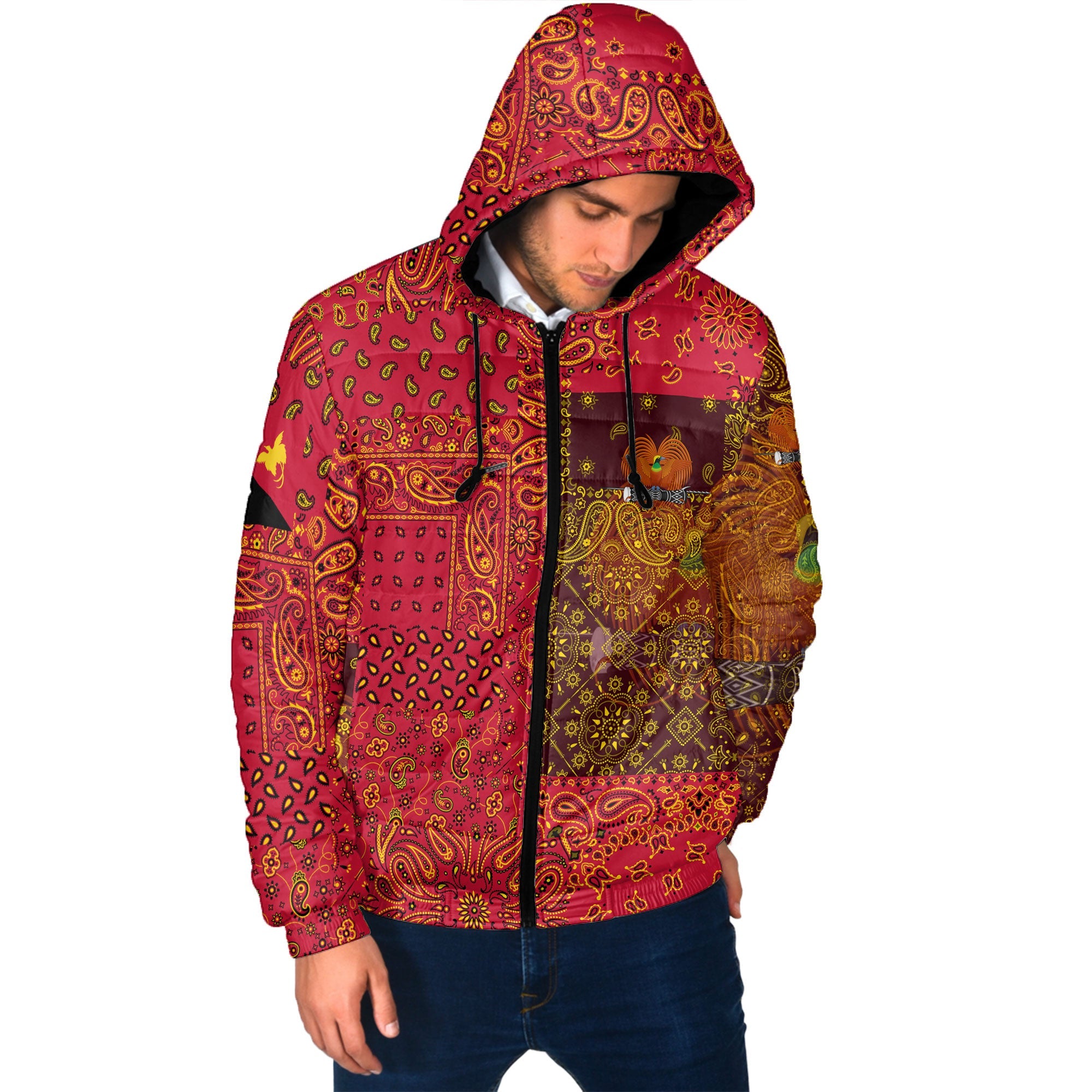 Papua New Guinea Men Hooded Padded Jacket Paisley Flag And Skull Style 2