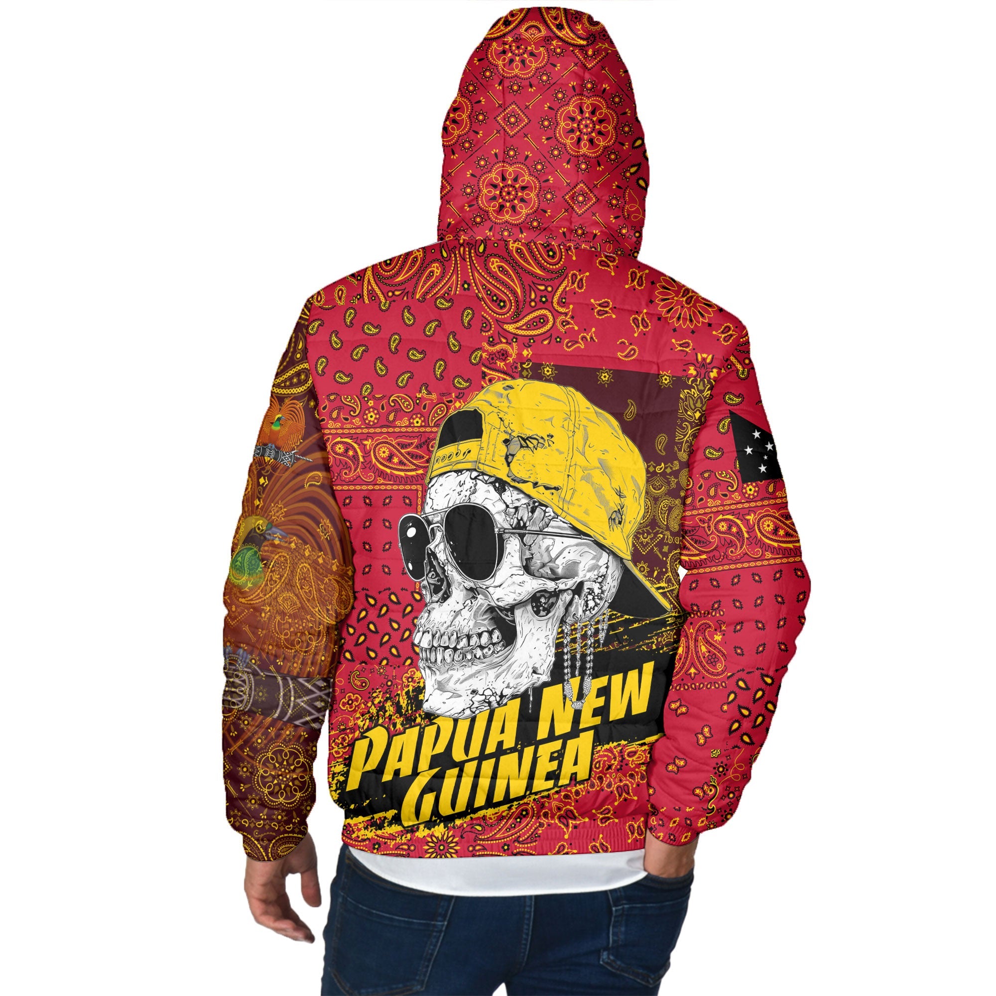 Papua New Guinea Men Hooded Padded Jacket Paisley Flag And Skull Style 3