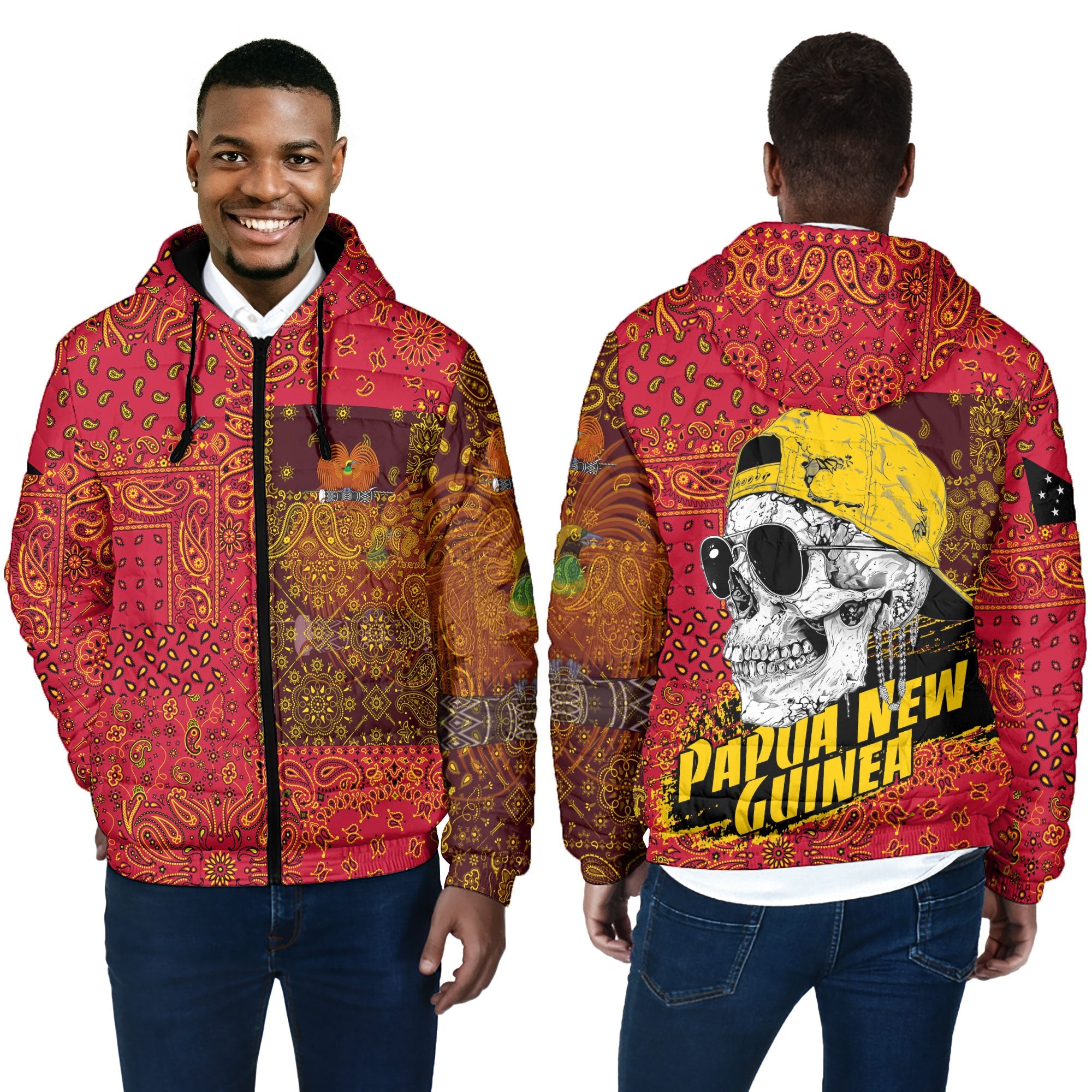 Papua New Guinea Men Hooded Padded Jacket Paisley Flag And Skull Style 4