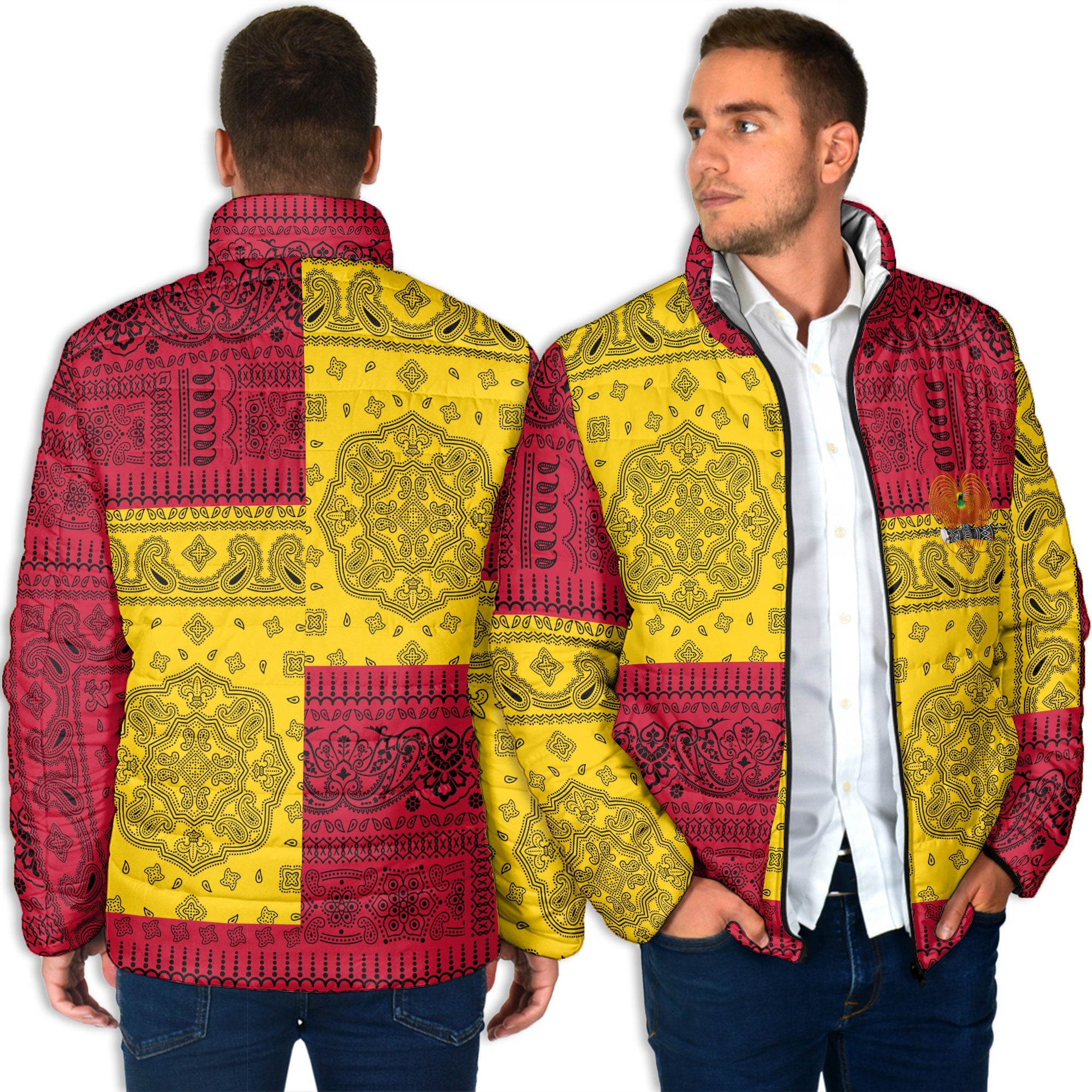 Papua New Guinea Men Padded Jacket Flag And Paisley Basic Style 4