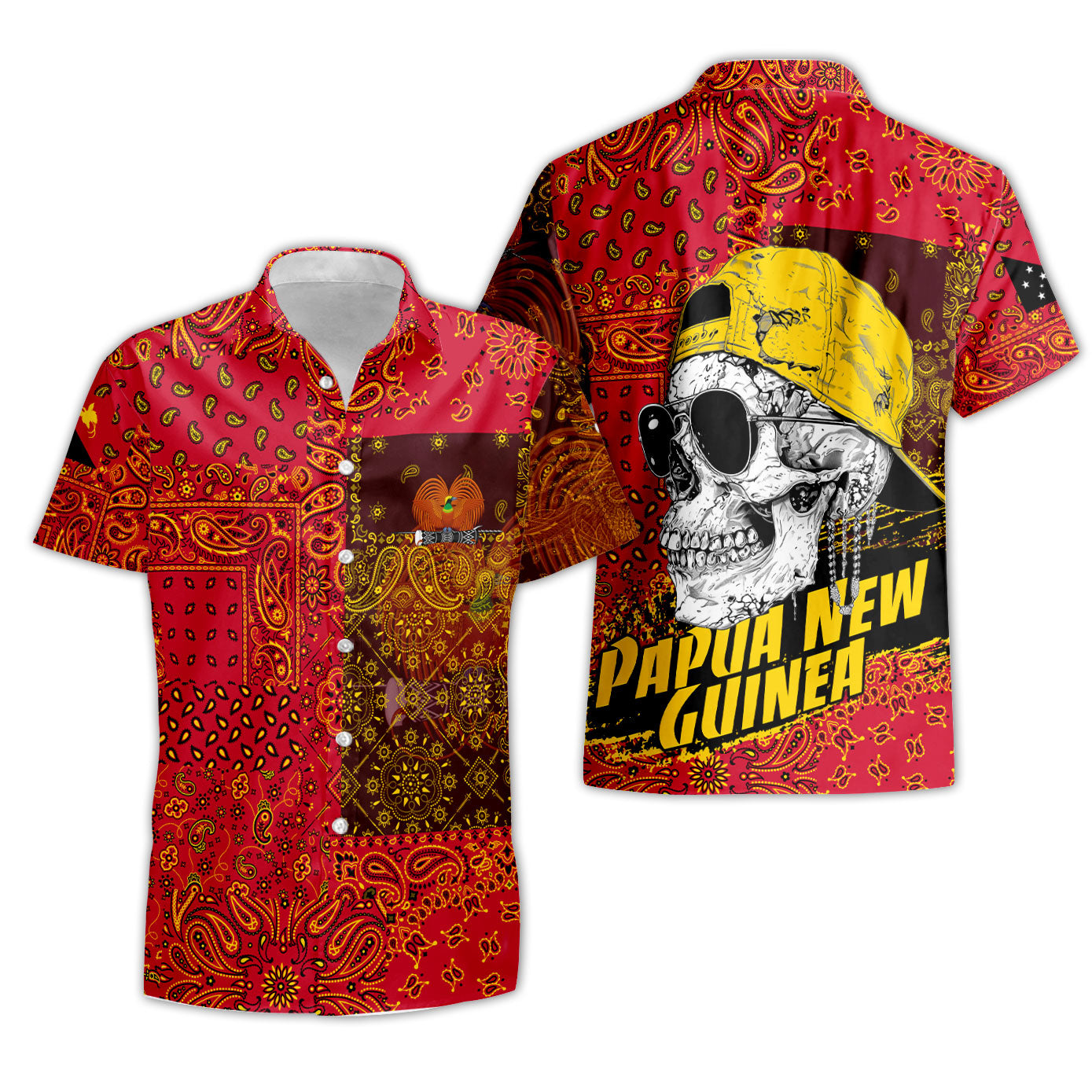 Papua New Guinea Short Sleeve Shirt Paisley Flag And Skull Style 3