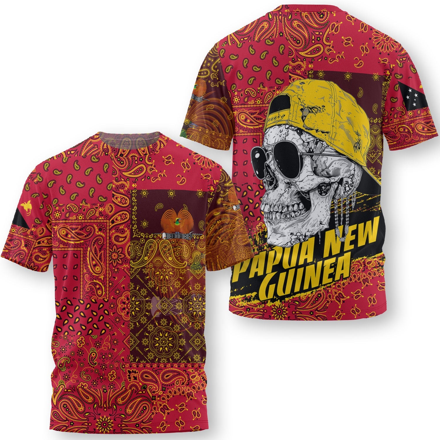 Papua New Guinea T Shirt Paisley Flag And Skull Style 3